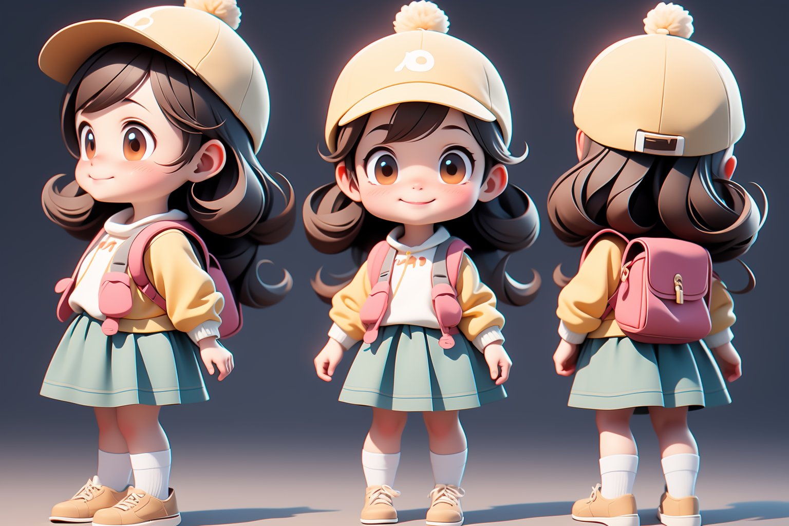 1 girl,female focus,hat,short skirt,brown long hair,brown shoes,socks,watch,backpack,shirt,smile,bag,standing,brown eyes,whole body,watch,simple background,white socks,white background,silver,shadow,sleeves,(masterpiece:1.2),best quality,high-level,extremely detailed CG,perfect lighting,8k wallpaper,<lora:kong_三视图:IND>,three views,kawaii,