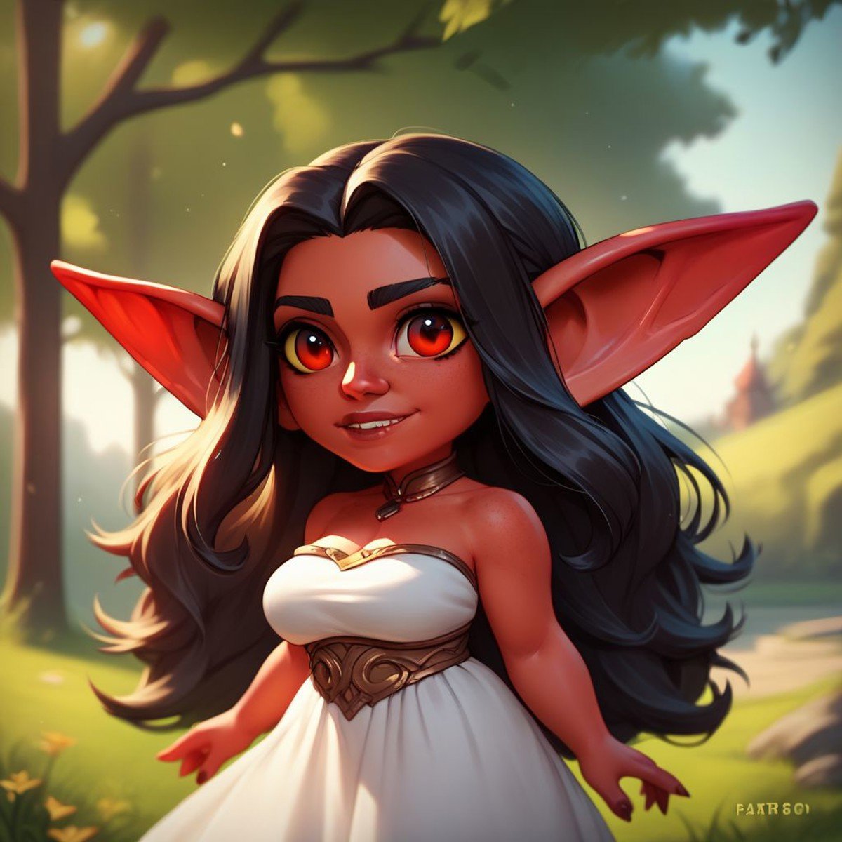 (((beautiful, high quality))), upper body, score_9, score_8_up, score_7_up, solo,Goblin, shortstack, pointed ears, 1girl, black long hair, red eyes, red skin, fantasy white dress, outdoor, fantasy background, nature, blurred background,