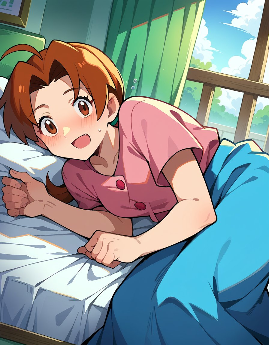 score_9, score_8_up, score_7_up, source_anime,deliaketchum, <lora:delia-ketchum-ponyxl-lora-nochekaiser:1>deliaketchum, brown hair, brown eyes, parted bangs, ahoge, ponytail, low ponytail,shirt, pink shirt, short sleeves, skirt, blue skirt, long skirt,indoors, bed, bed room, on side, blush, drunk,looking at viewer, cowboy shot, dutch angle,