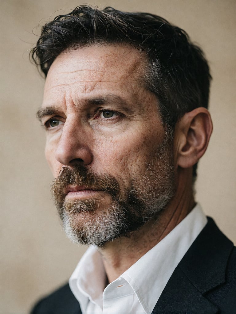 Bradhamel art style. A close-up portrait of a middle-aged man with weathered skin,  dark eyes,  and a salt-and-pepper bear...