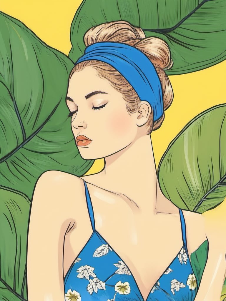 1NK , <lora:1NK:1>,The illustration shows shows a young woman in a blue one-piece swimsuit with a floral pattern. She is standing in front of a yellow background with large green leaves scattered around her. Her hair is styled in a messy bun with a blue headband tied around her head. She has her arms stretched above her head and her eyes are closed, as if she is deep in thought. The overall style of the illustration is summery and playful.