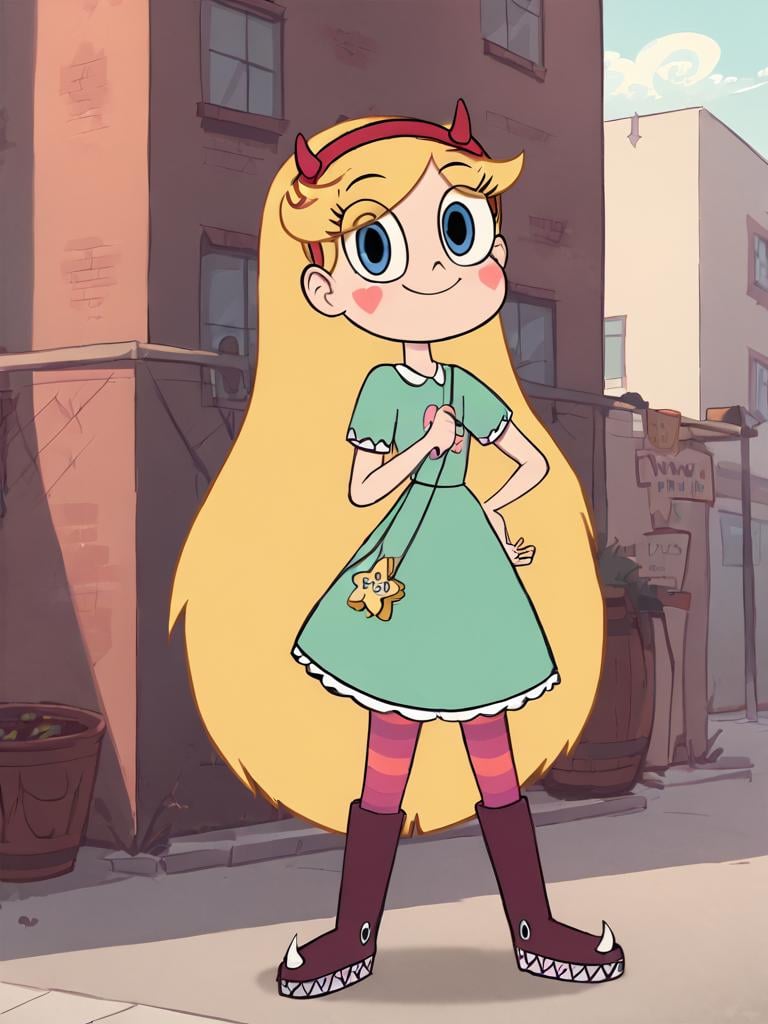 <lora:starpony:0.8> starbutterfly, 1girl, blonde hair, horned headwear, hairband, long hair, solo, teal dress, heart, blue eyes, facial mark, very long hair, smile, boots,standing,outdoors,   striped pantyhose, striped,looking at viewer, score_9,<lora:Smooth Anime Style LoRA XL:1> toon \(style\), 