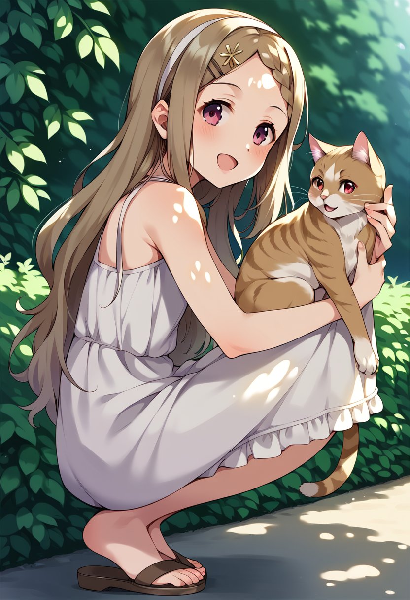 score_9, score_8_up, score_7_up, best quality, masterpiece, source_anime BREAK1girl, aoba kokona, cat, squatting, open mouth, sandals, smile, looking at viewer, solo, white dress, hairclip, outdoors, brown hair, braided bangs, sleeveless dress, :d, day, from side, dappled sunlight, blush, sunlight, bare shoulders, red eyes, hairband, sundress, full body, purple eyes, hair flower, forehead, bare arms, flower, blonde hair, pink eyes, holding animal, shadow, looking to the side, petting, poking, shade, sidelocks, light brown hair, very long hair, parted bangs, wall, brown footwear, blurry background <lora:aoba_kokona_sdxl_locon_pony_v1:0.7>