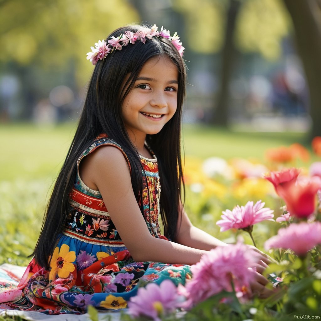 An 8-year-old girl with long, straight black hair, wearing a colorful traditional dress, sitting in a park with an array of flowers in the blurred background. Her face shows pure joy and innocence, highlighted perfectly by the shallow depth of field provided by an f/1.8 aperture.