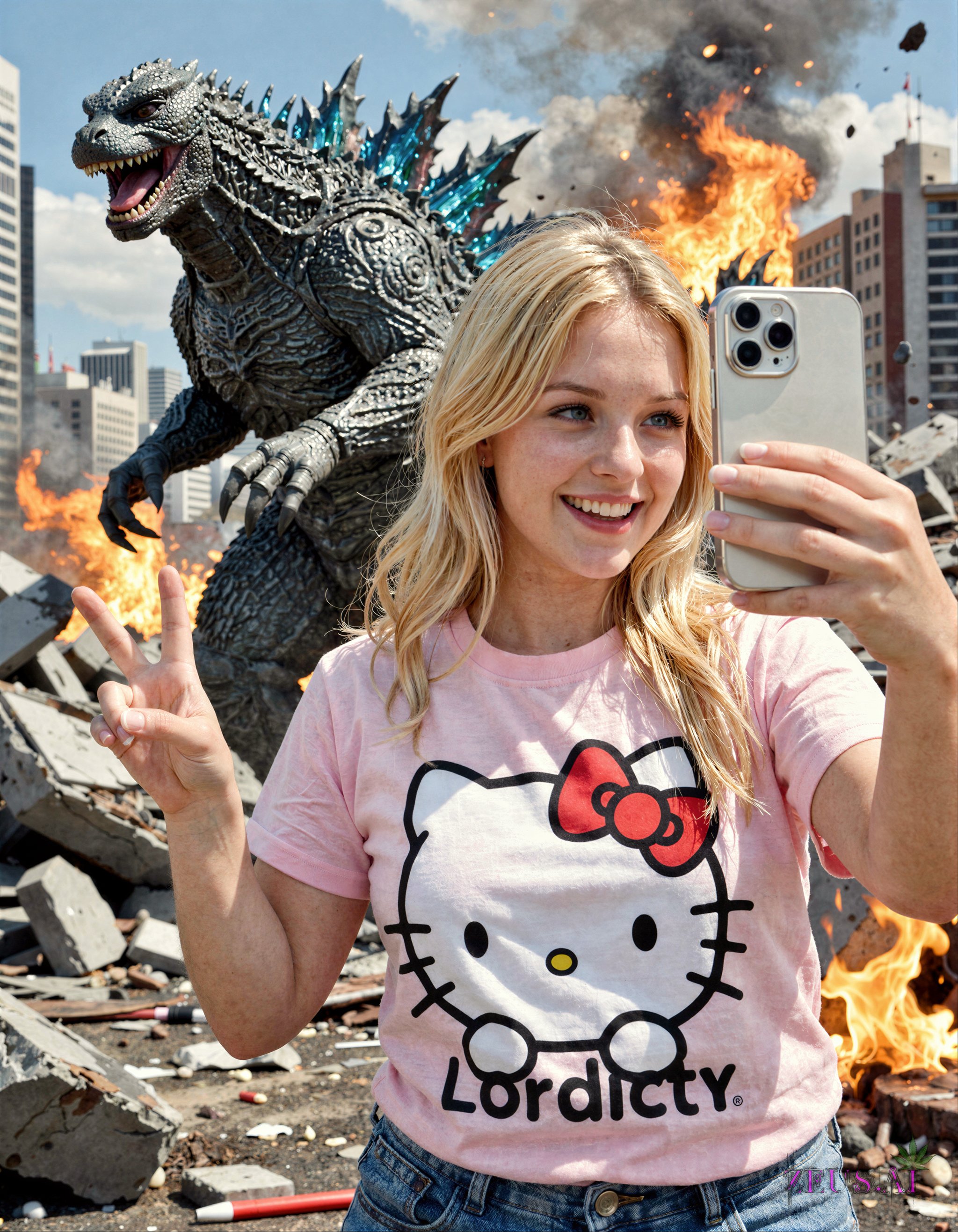 a beautiful blonde girl smiling and taking a selfie with an iphone,  dressed with a hello kitty pink t-shirt, by ZEUS-ONL...