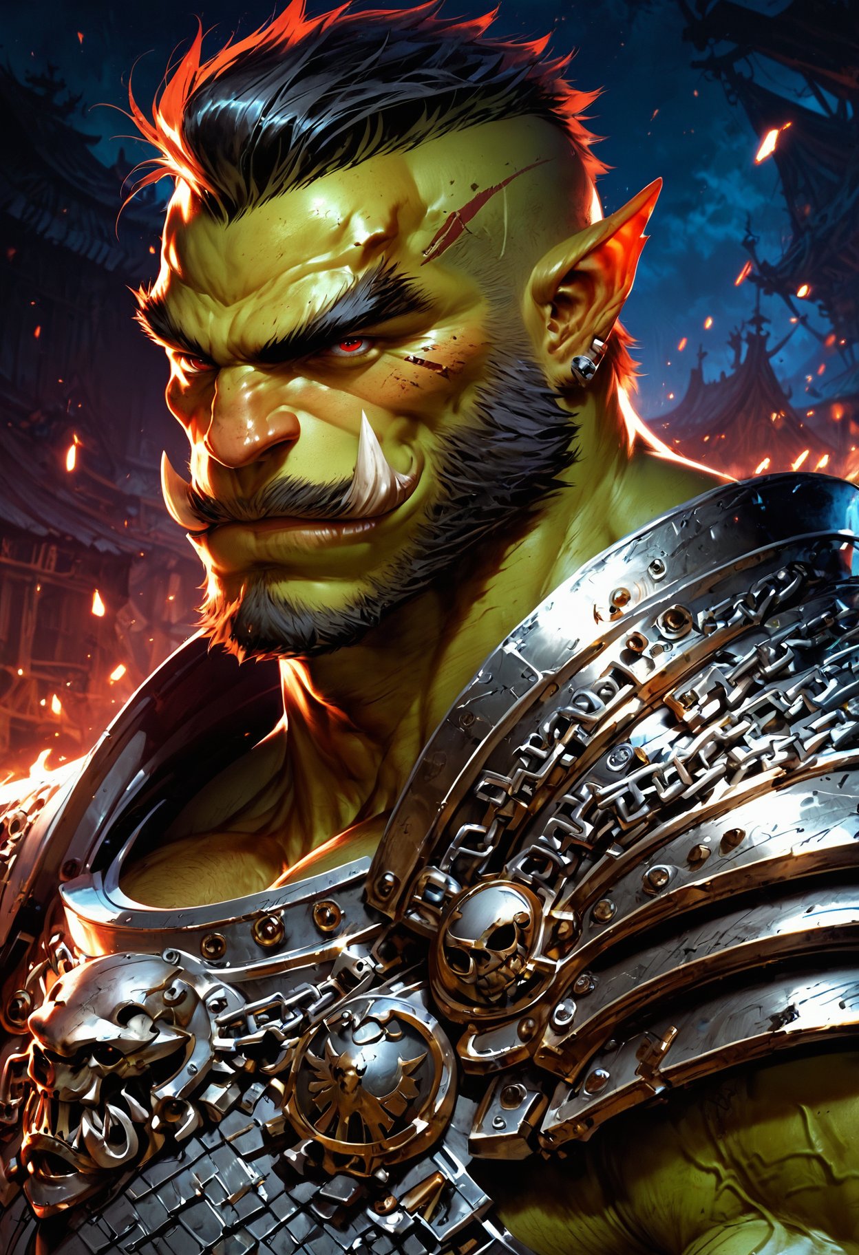 (score_9, score_8_up), score_7_up, zPDXL, solo,  <lora:MythP0rtr4itStyle:1>, mythp0rt, concept art, digital art, realistic, 1boy, solo, male focus, mature male, orc, green skin, tusks, red eyes, short hair, black hair, facial hair, beard, mustache, looking at viewer, armor, shoulder armor, breastplate, pauldrons, chainmail, upper body, closed mouth, standing, outdoors, night, night sky, dark background, dynamic angle, concept art, realistic, highly detailed