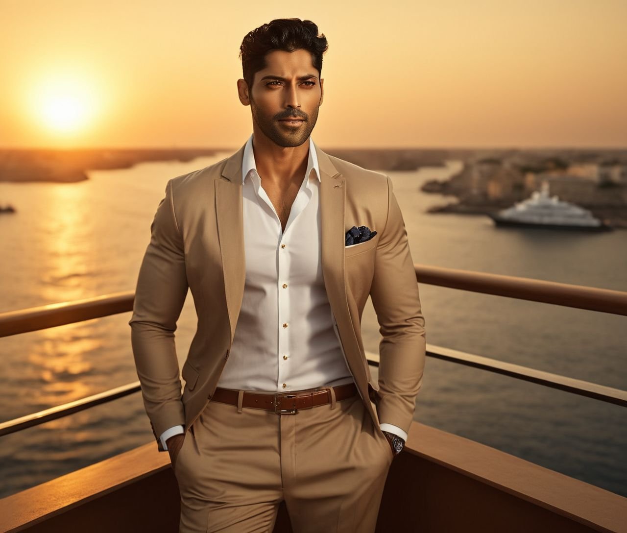 Nautical-themed of mahesh jadu a man in a tan suit standing on a balcony,  sun behind him,  inspired by Pablo Munoz Gomez...