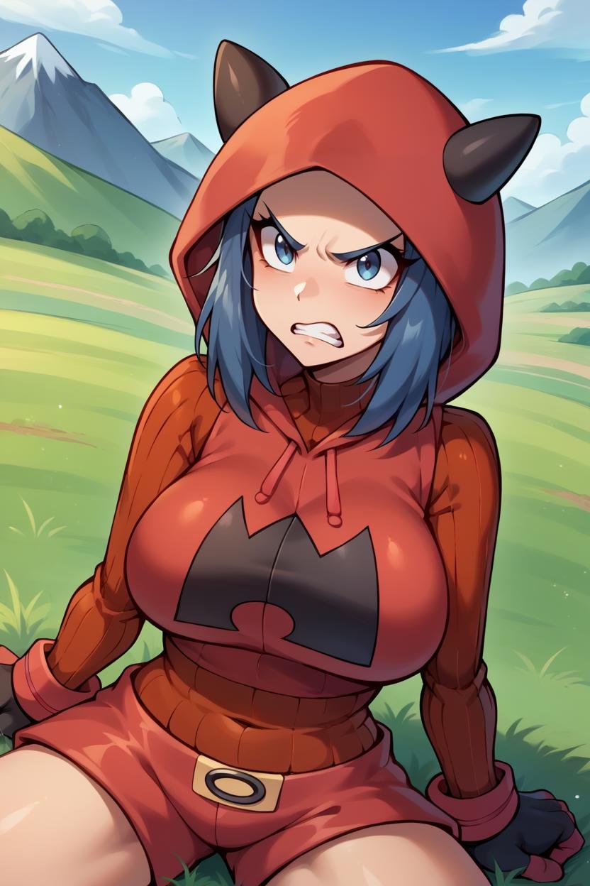 score_9, score_8_up, score_7_up, score_6_up, source_anime BREAK 1girl, <lora:pkmntmg-pdxl-nvwls-v1-000005:1> pkmntmg, hood, blue hair, fake horns, red hoodie, turtleneck, ribbed sweater, red shorts, gloves, kneeling, clenched teeth, annoyed, field, mountain, (big breasts:0.75)