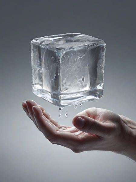 A hyper-realistic illustration of a hand holding a melting ice cube, with the water droplets and the translucency of the ice cube rendered in painstaking detail, symbolizing the fleeting nature of time.