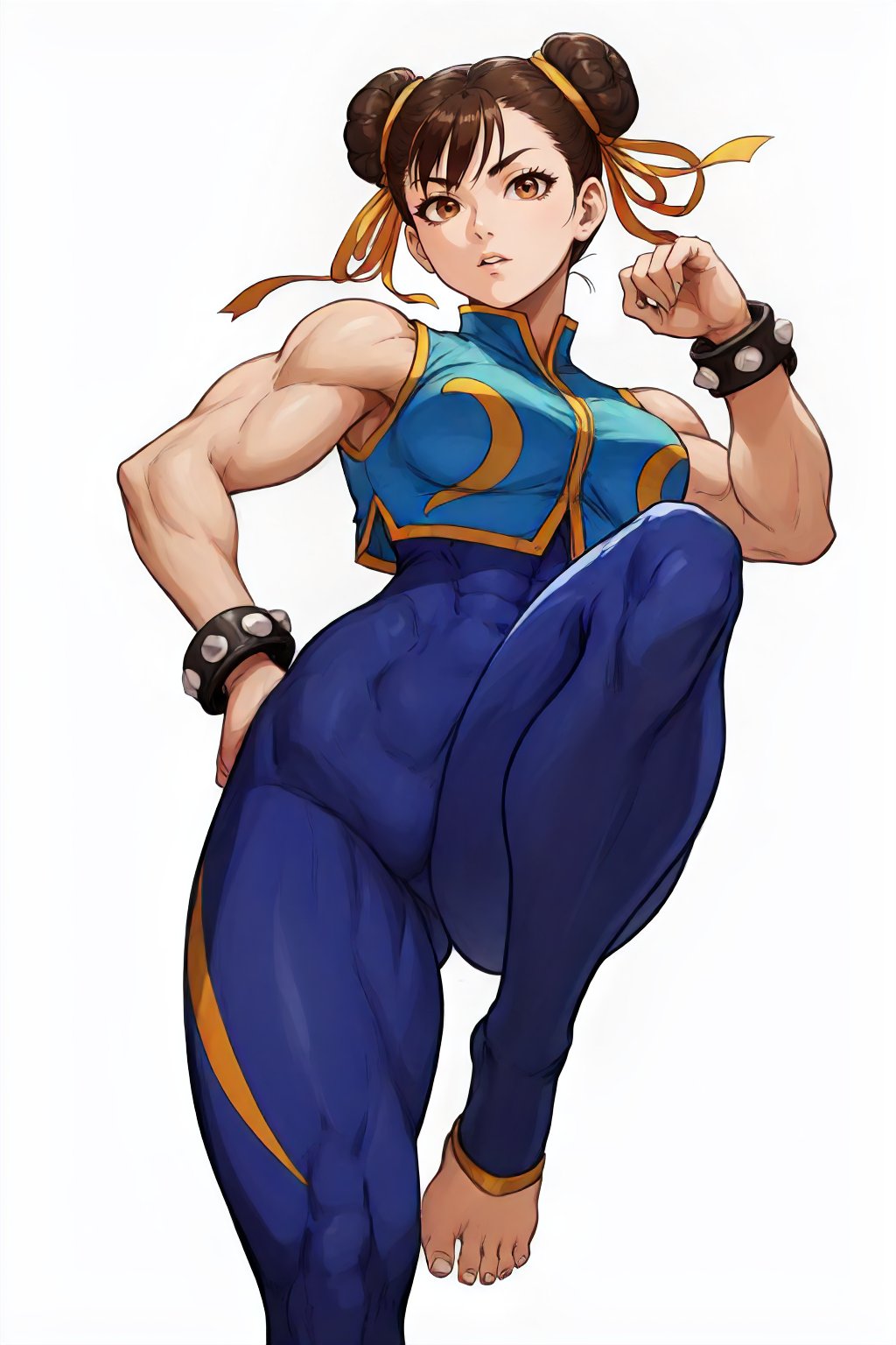 <lora:Alpha_Chunners-DEF:0.7> alphachun, solo, brown eyes, muscular female, bodysuit, side stripes, vest, bracelets, double bun, ribbons, from below, standing on one leg, toeless legwear, white background, perfect, sharp, masterpiece, detailed, high resolution, best quality,