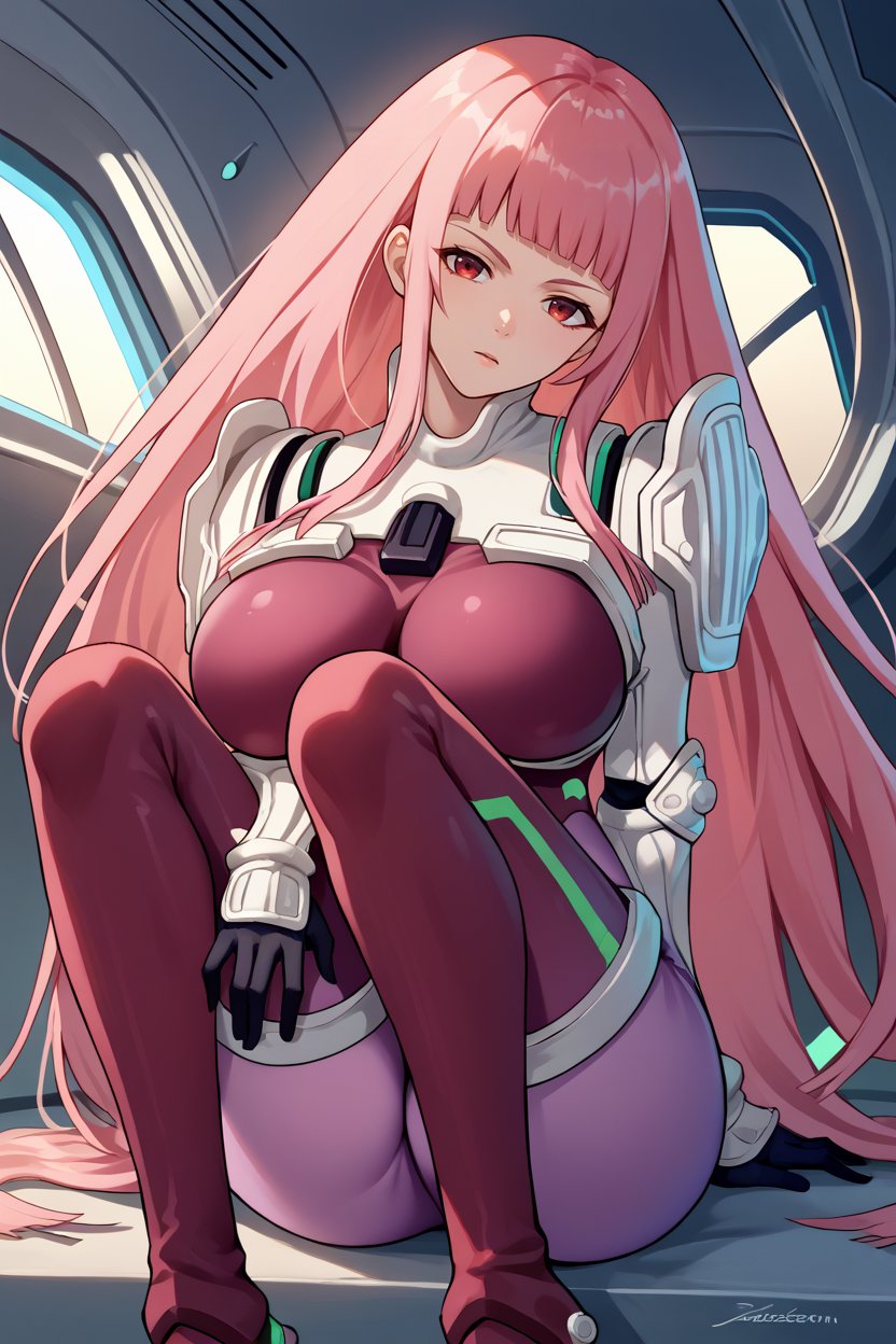 score_9, score_8_up, score_7_up, score_6_up, source_anime, 1girl, solo,   <lora:zoeken-pdxl-nvwls-v1-000008:1> zoeKen, pink hair, long hair, red eyes, blunt bangs, pink bodysuit, black gloves, shoulder pads, gauntlets, large breasts, sitting, holding own knees, space station, looking at you, head tilt, indoors