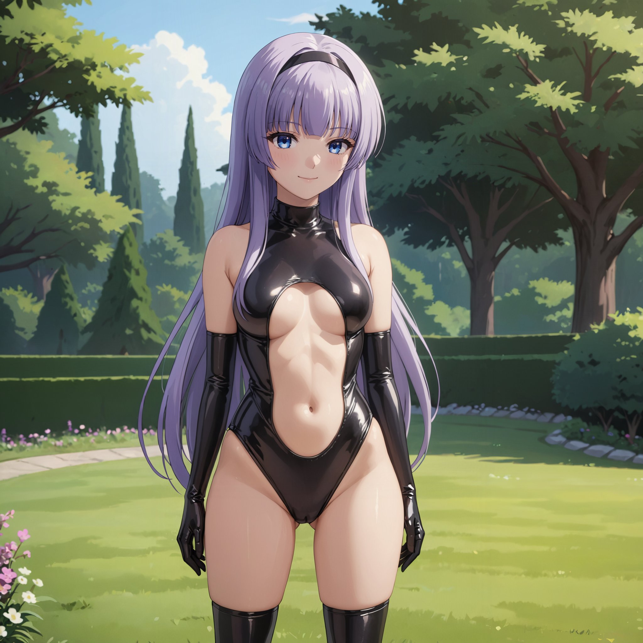 1girl, solo, masterpiece, best quality, melfina, black hairband, light purple hair, blue eyes, light smile, closed mouth, black latex princess, bare shoulders, stomach cutout, elbow gloves, thighhighs, standing, cowboy shot, garden, grass, tree, <lora:latex-princess-anixl-005:0.8>   <lora:melfina-animaginexl-1:0.6> 