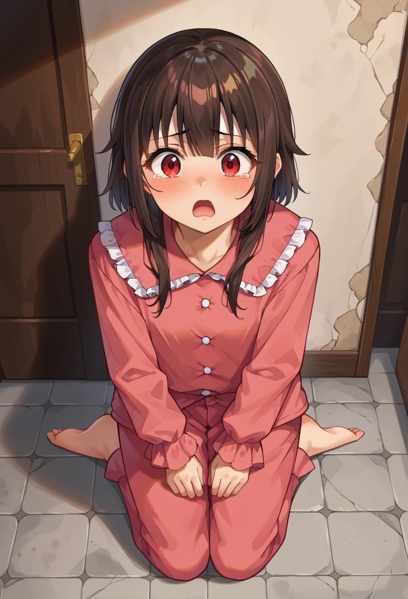 score_9, score_7_up, source_anime, BREAK <lora:AEMegumin-000009:1>  AEMeguminPaj, red eyes, Brown hair, Pink Pajamas, Pink shirt, frilled shirt collar, frilled sleeves, Pink pants, dark hallway, indoors, against wall, scared, on floor,  tearing up, kneeling, barefoot, looking up, 