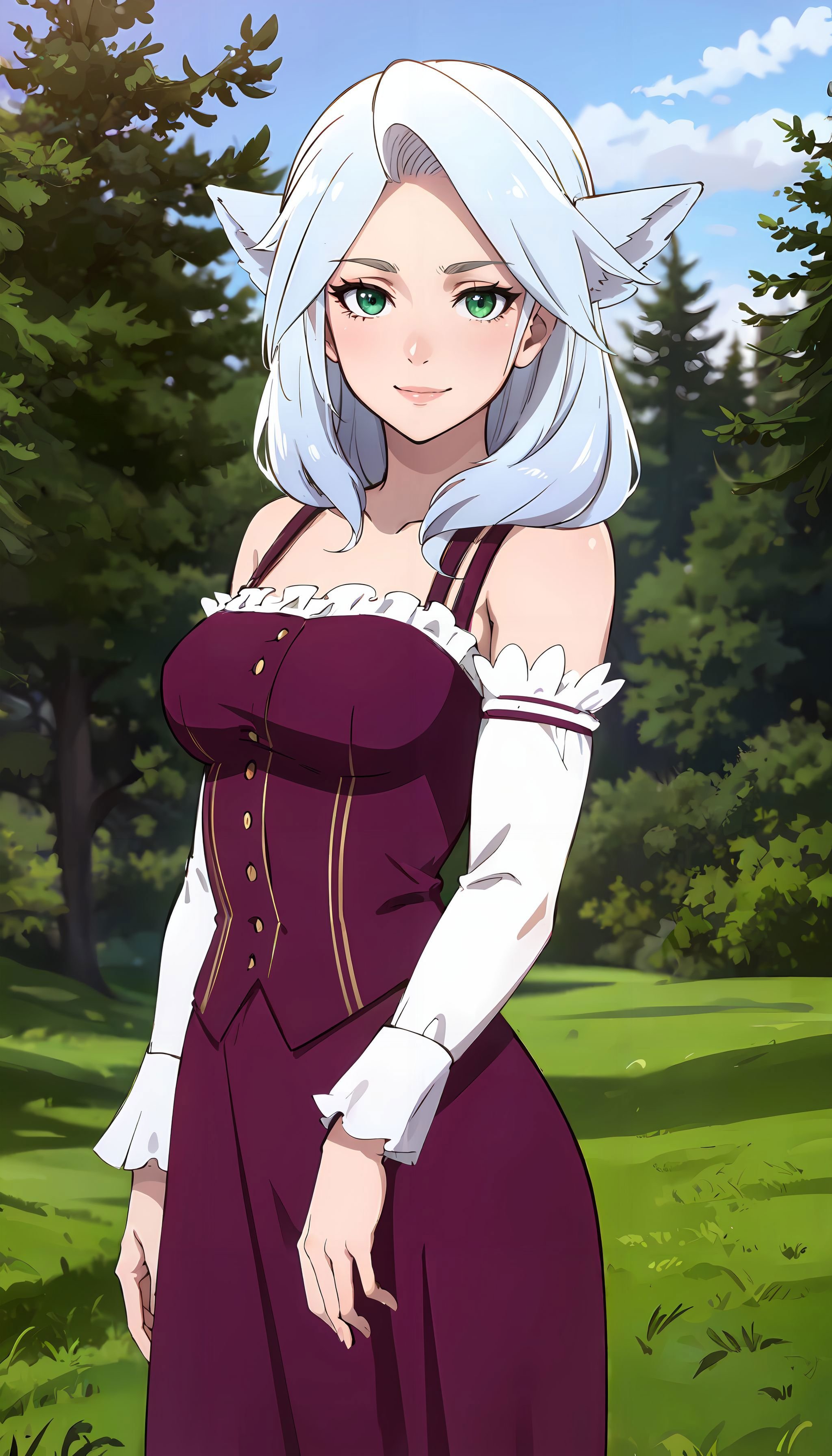 photorealistic, (4k), (Masterpiece), (realistic skin texture), extremely detailed, intricate, hyper detailed, high resolution, sharp detail, best quality, woman, purple dress, long white hair, animal ears, green eyes, cowboy shot, , <lora:Mina_Fenrir_VRMMO-000003:0.8>, exploring the forest,