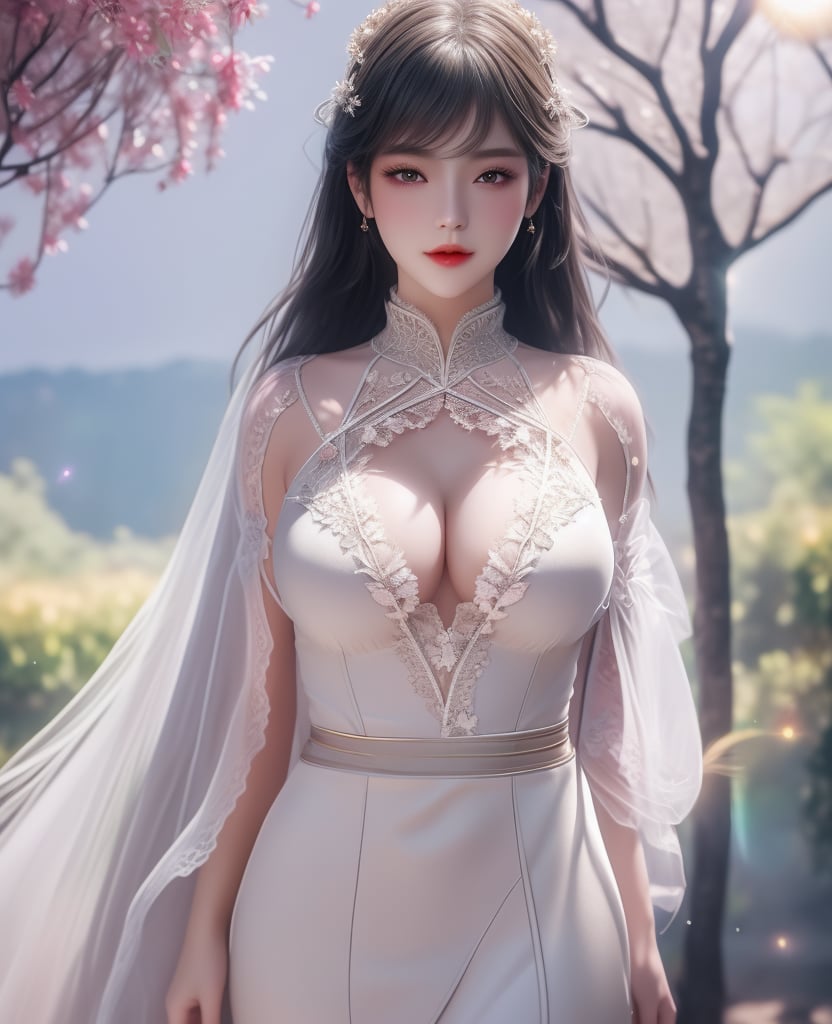 <lora:斗罗大陆-唐舞桐-海神缘:0.8> (,1girl, ,best quality, ),looking at viewer,  ,, ultra detailed background,ultra detailed background,ultra realistic 8k cg,,masterpiece, (( , )), fiction,mole,  ,     ,see-through, lace, (cleavage),(((, solo, sun, , bare_tree, )))