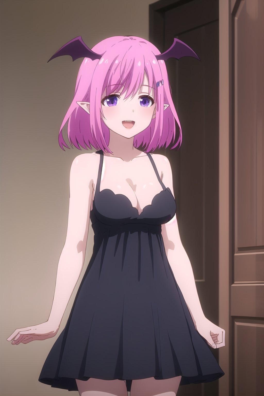 (masterpiece, best quality), highly detailed background, perfect lightingbest quality, ginnyfindesalva, solo, indoors, bedroom, demon girl, pink hair, head wings, bat wings, hair between eyes, hairclip, medium hair, purple eyes, pointy ears, medium breasts, black dress, sleeveless dress, cleavage, bare shoulders, smile, open mouth, :d, pink lips, <lora:Ginny-Fin-de-Salva:0.7>