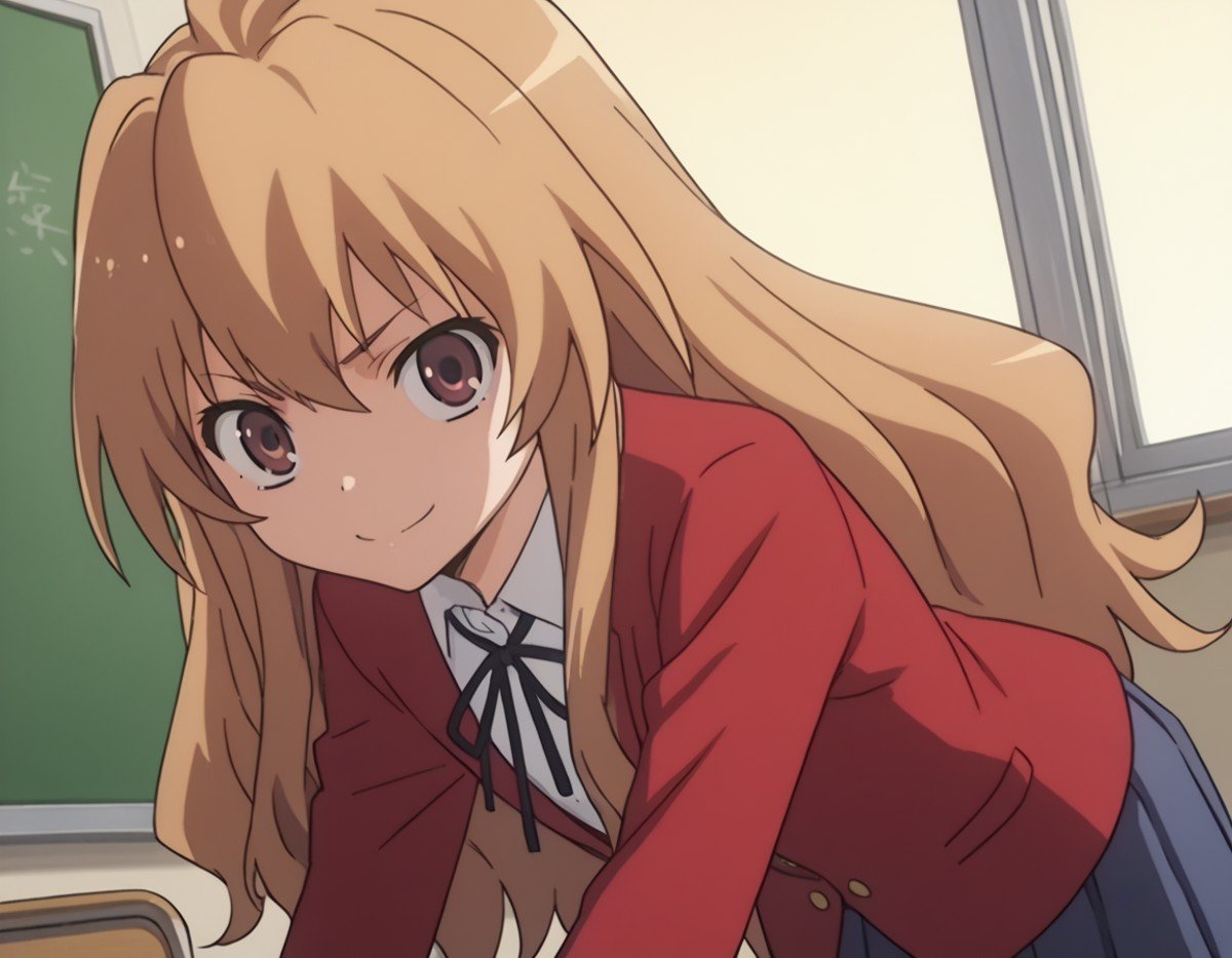 score_9, score_8_up, score_7_up, source_anime,taigaaisaka, <lora:taiga-aisaka-s1-ponyxl-lora-nochekaiser:1>,taiga aisaka, long hair, brown hair, brown eyes,school uniform, oohashi high school uniform, jacket, red jacket, long sleeves, shirt, white shirt, collared shirt, ribbon, skirt, pleated skirt,indoors, classroom, bent over, smile,looking at viewer, solo, cowboy shot, dutch angle,