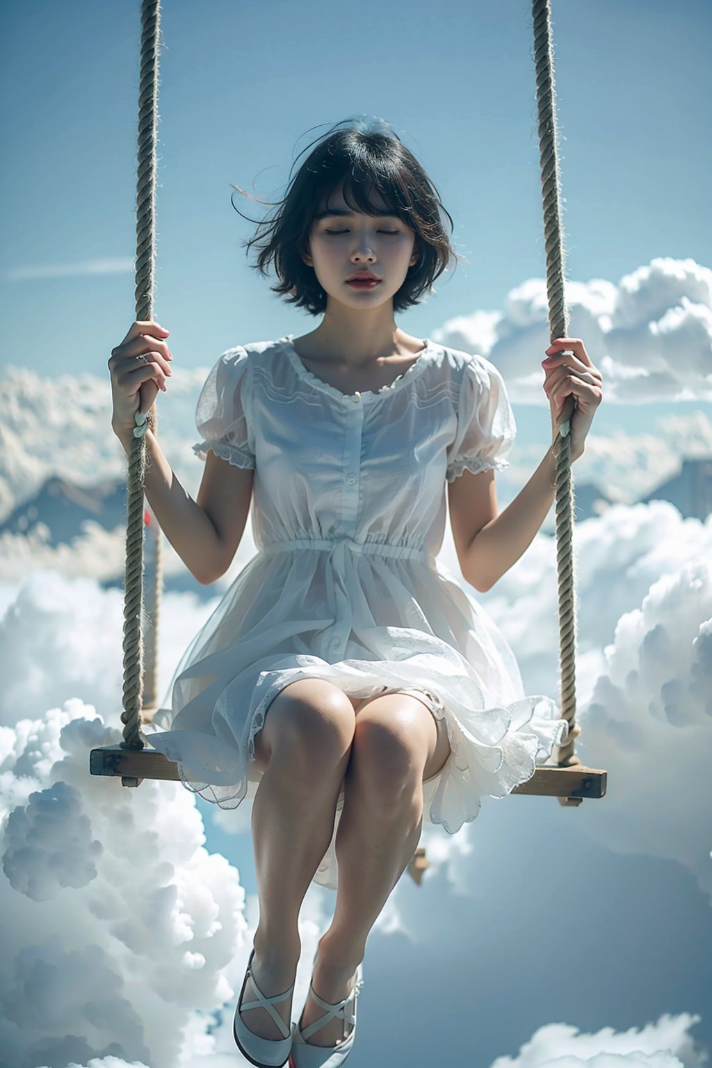 best quality,masterpiece,1girl, above clouds, solo, short hair, bangs, black hair, dress, sitting, closed eyes, short sleeves, outdoors, parted lips, sky, day, cloud, white dress, blue sky, cloudy sky, swing