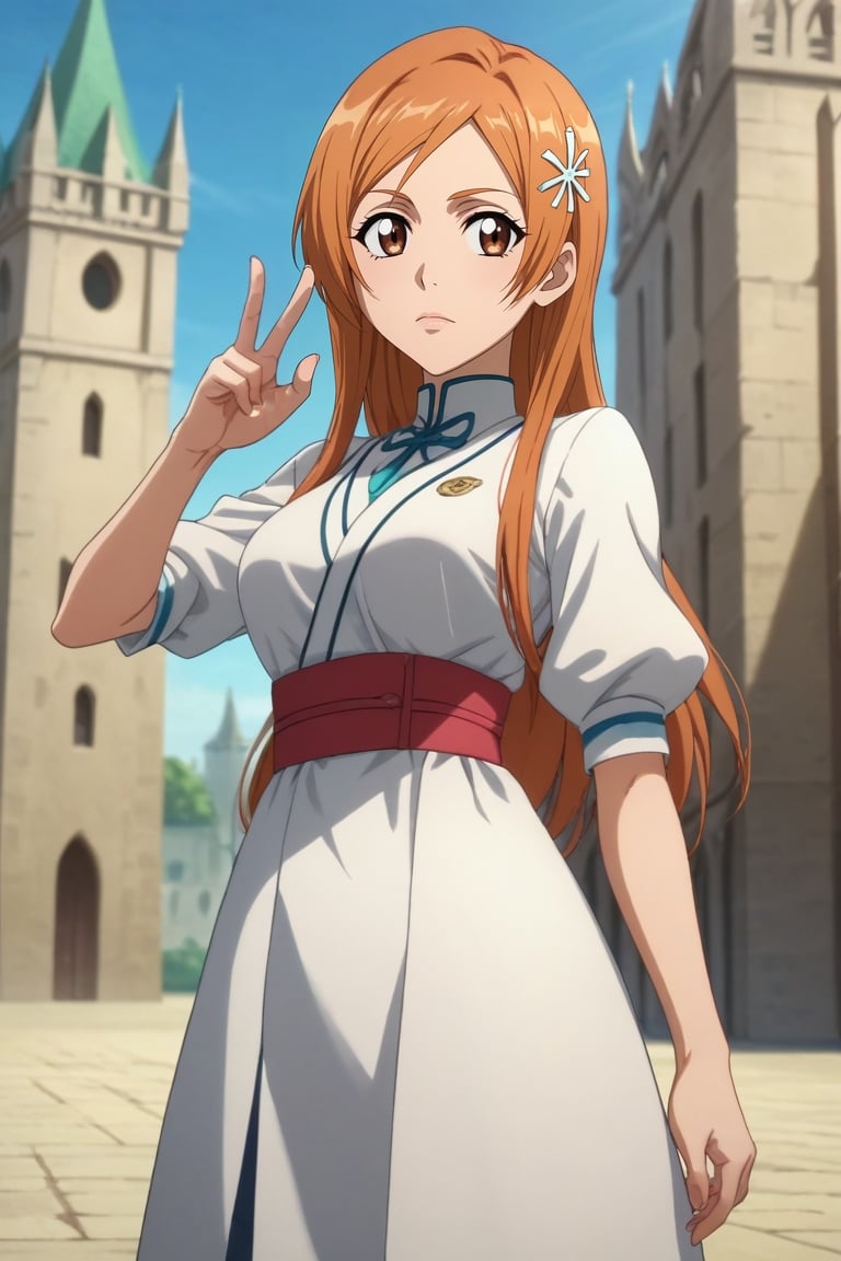 score_9, score_8_up, score_7_up, source_anime, rating_safe, anime screencap, , , depth of field, 1girl, inoue orihime, bleach, orange hair, brown eyes, solo, wide angle, wide shot, cowboy shot, castle, day, victory pose, relaxed, <lora:sao_style_pony:0.84>, sao_style, , <lora:sdxl_lightning_8step_lora:1>