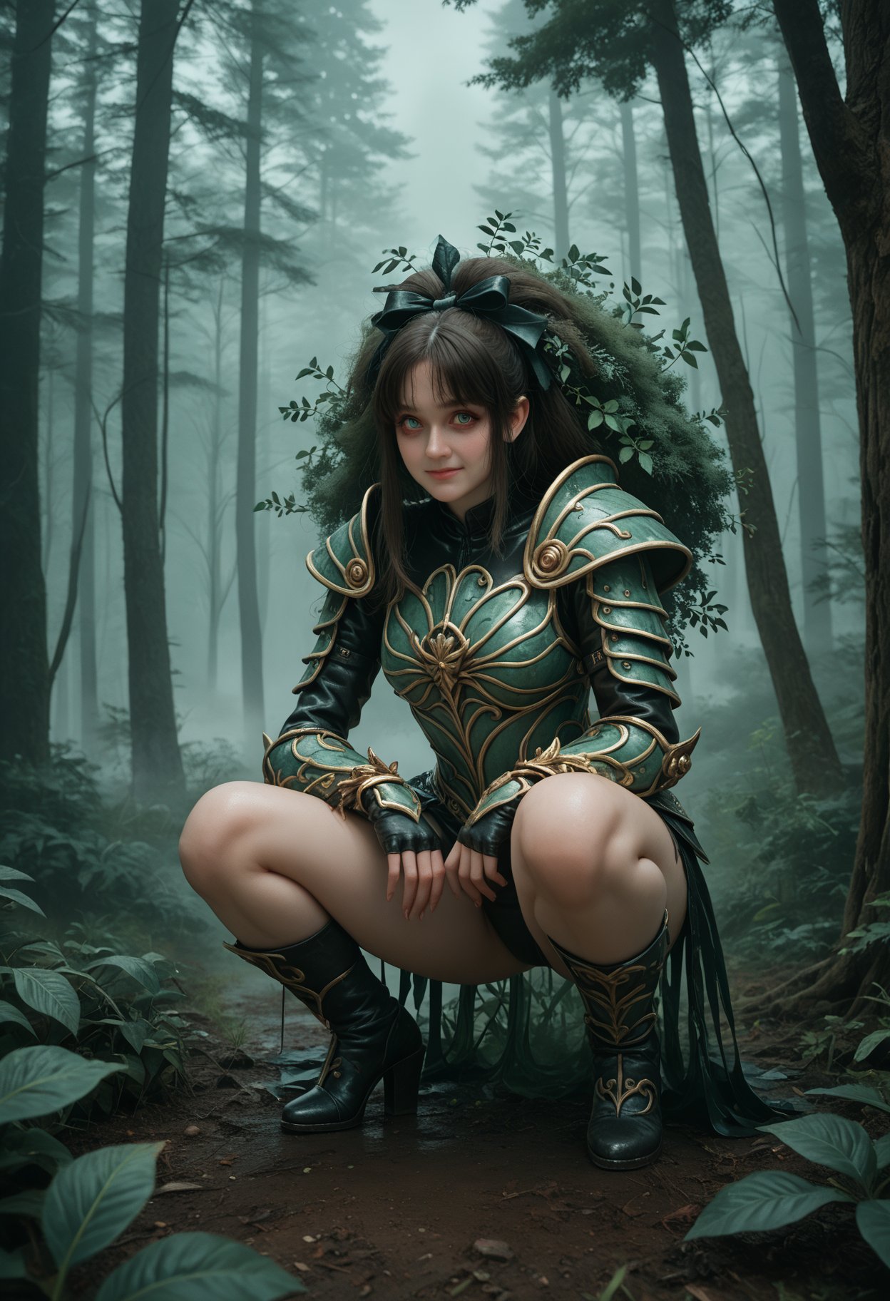 1girl,Thick forest,all kinds of plants,floral shrubs,fairy girls in leather armor crouching next to the trees with bows,legs,evil smiles,thick fog,, score_9,score_8_up,score_7_up,beast_quality,masterpiece,