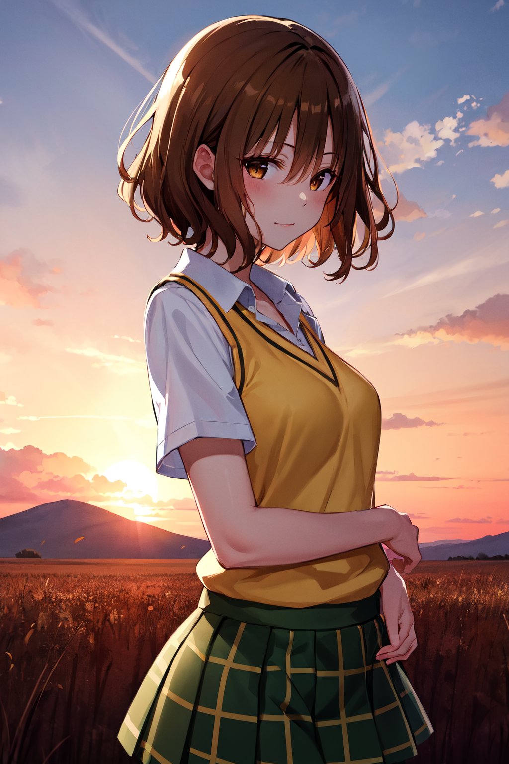 masterpiece, best quality, highres, 1girl, solo, short hair, brown hair, brown eyes, breasts, collarbone, school uniform, collared shirt, white shirt, sweater vest, (yellow vest:1.1), short sleeves, plaid skirt, green skirt, <lora:momioka_risa_v1:0.7>,  from side, wind, field, sunset, standing