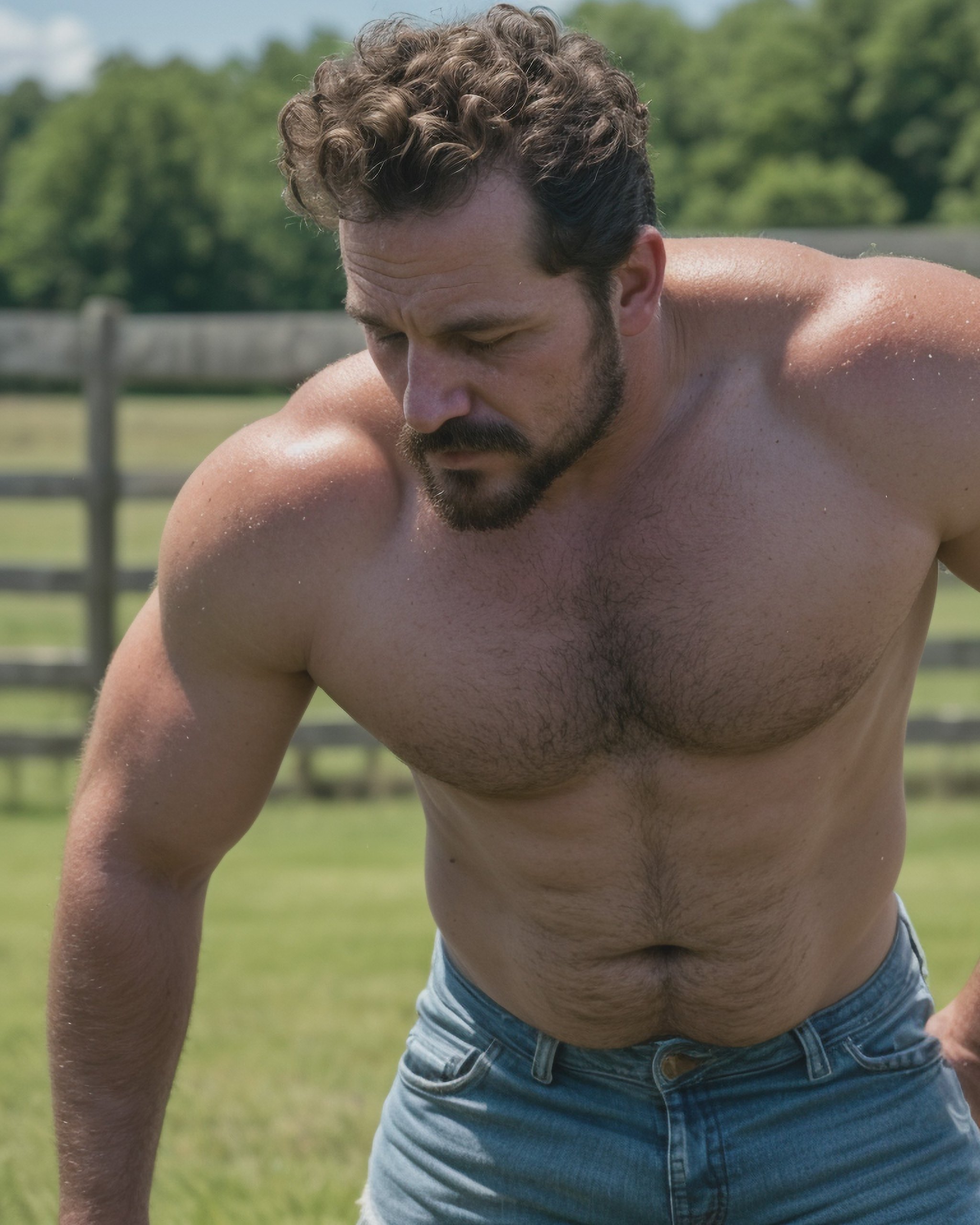 Close-up Cinematic photo of a man sweating after hard work, sweaty skin, worn dirty white tanktop, pull up shirt with hand, worn ripped denim minishort, wipe sweat forehead, short curly hair, mustache, musclegut, beefy body, in a grass field, fence behind,highly detailed, realistic, photo of a stunning man detailed, sharp focus, film grain, blurry background