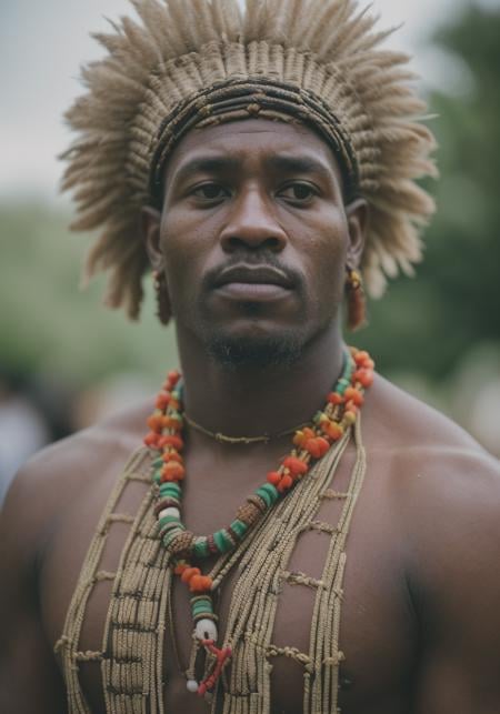 Highly detailed, [35mm Film Photography], GS-Masculine, (he portrait captures the essence of the African man's proud heritage, emphasizing the intricate details of his traditional tribal outfit. His attire is adorned with vibrant patterns and decorative elements, each telling a story of his tribe's customs and traditions. The man's facial features are strong and distinctive, with deep-set eyes that convey wisdom and resilience. His expression is serene yet determined, reflecting the resilience of his people in the face of adversity., Professional photo shoot, Staligrad, narrow depth of field, Face in focus, Ambient light, Bloom, Canon EOS R6, Nokton 50mm f1.1, [Rule of thirds composition], Cinestill 800T, Vignette,