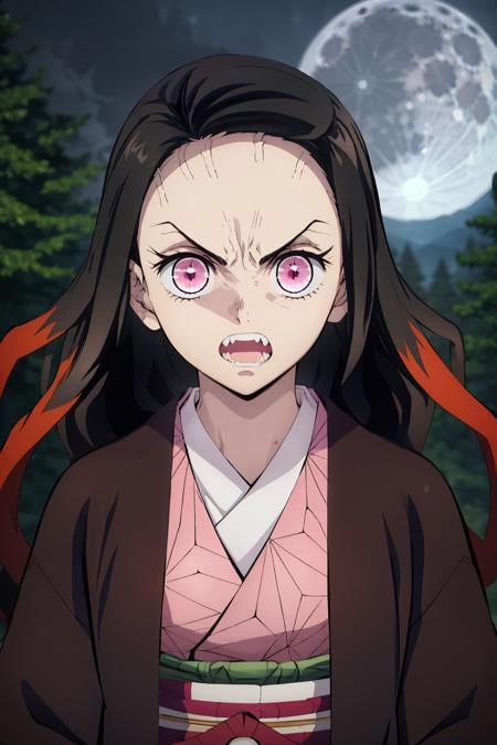 masterpiece, best quality, 1girl, <lora:Nezuko Kamado-000008:0.9>angrynezuko, veins, pink kimono, multicolored hair, sharp teeth, fingernails, looking at viewer, incoming attack, in the forest, night, moon, upper body,<lora:more_details:0.3>