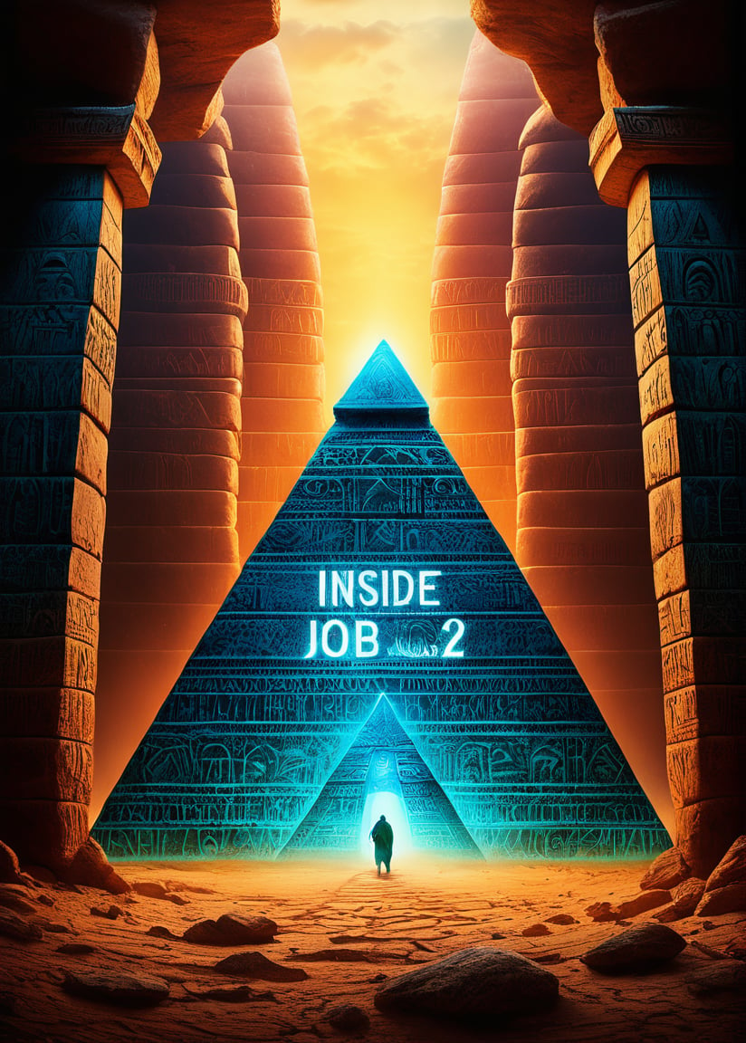 A mysterious wall of the Egyptian pyramid, sign reads ((("INSIDE JOB 2":1.35))) in (bold text:1.35), vibrant colors