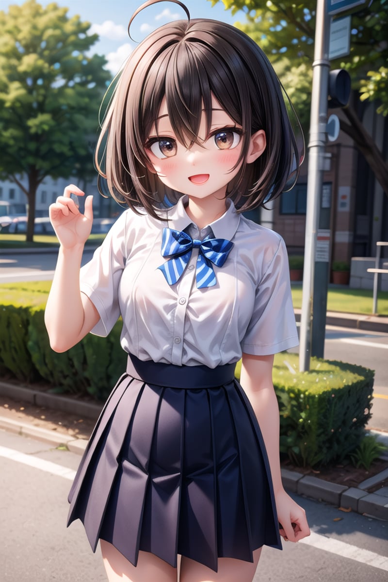 insanely detailed, absurdres, ultra-highres, ultra-detailed, best quality,1girl, solo, nice hands, perfect handsBREAKsummer school uniform, (plain dark blue skirt with many pleats:1.4), (striped indigo blue bowtie:1.3), short sleeves, (white shirt:1.3), shirt with white buttonBREAKhappy smile, laugh, open mouthBREAKstanding, cute pose, cowboy shot, looking at viewerBREAKslender, kawaii, perfect symmetrical face, ultra cute girl, ultra cute face, ultra detailed eyes, ultra detailed hair, ultra cute, ultra beautifulBREAKin forest, depth of field, ultra detailed backgroundBREAKlarge breastsBREAK(ahoge:1.2), (short bob cut, hair between eyes, black dark_brown hair, black dark_brown eyes:1.3), (long hair, breast pocket:-1)