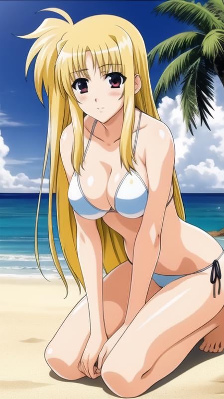 fate testarossa, 1girl, blush,bikini, white bikini,kneeling,outdoors, beach,<lora:nanoha-strikers-fate-testarossa:0.8>