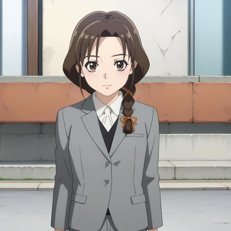 <lora:ISep4_TamakiMitamuraXLpony001>,looking at viewer,solo,TamakiMitamura,1girl,brown hair,braided ponytail,hair ribbon,brown eyes,mole under eye,business_suit,gray jacket,gray pants,outdoors,