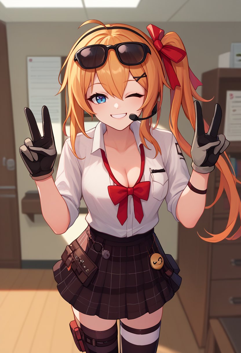 score_9, score_8_up, score_7_up, solo, 1girl, gflkalina, smile, looking at viewer, standing, double v, ahoge, side ponytail, x hair ornament, hair ribbon, red ribbon, hairclip, sunglasses, eyewear on head, headset, one eye closed, white shirt, red bow, sleeves rolled up, gloves, black skirt, plaid skirt, asymmetrical legwear, mismatched legwear, black thighhighs, striped thighhighs, cleavage, indoors, office <lora:gfl_kalina_ponyXL:1>