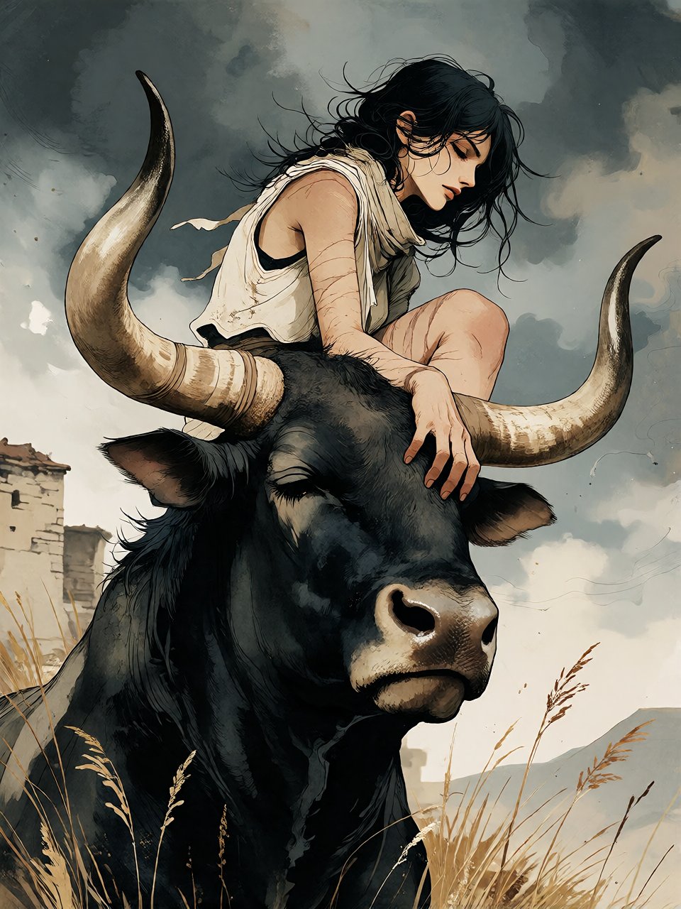 Bradhamel art style. A young woman with long,  wild dark hair and visible scars on her arms and legs is perched atop the h...