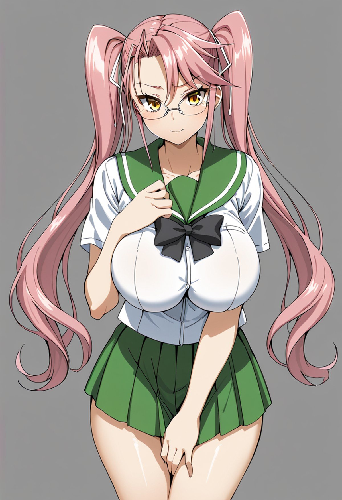 takagi saya,1girl, solo, pink hair, twintails, glasses, school uniform, breasts, large breasts, long hair, skirt, serafuku, brown eyes, ribbon, yellow eyes, <lora:takagi saya A31 e1-000010:0.65>