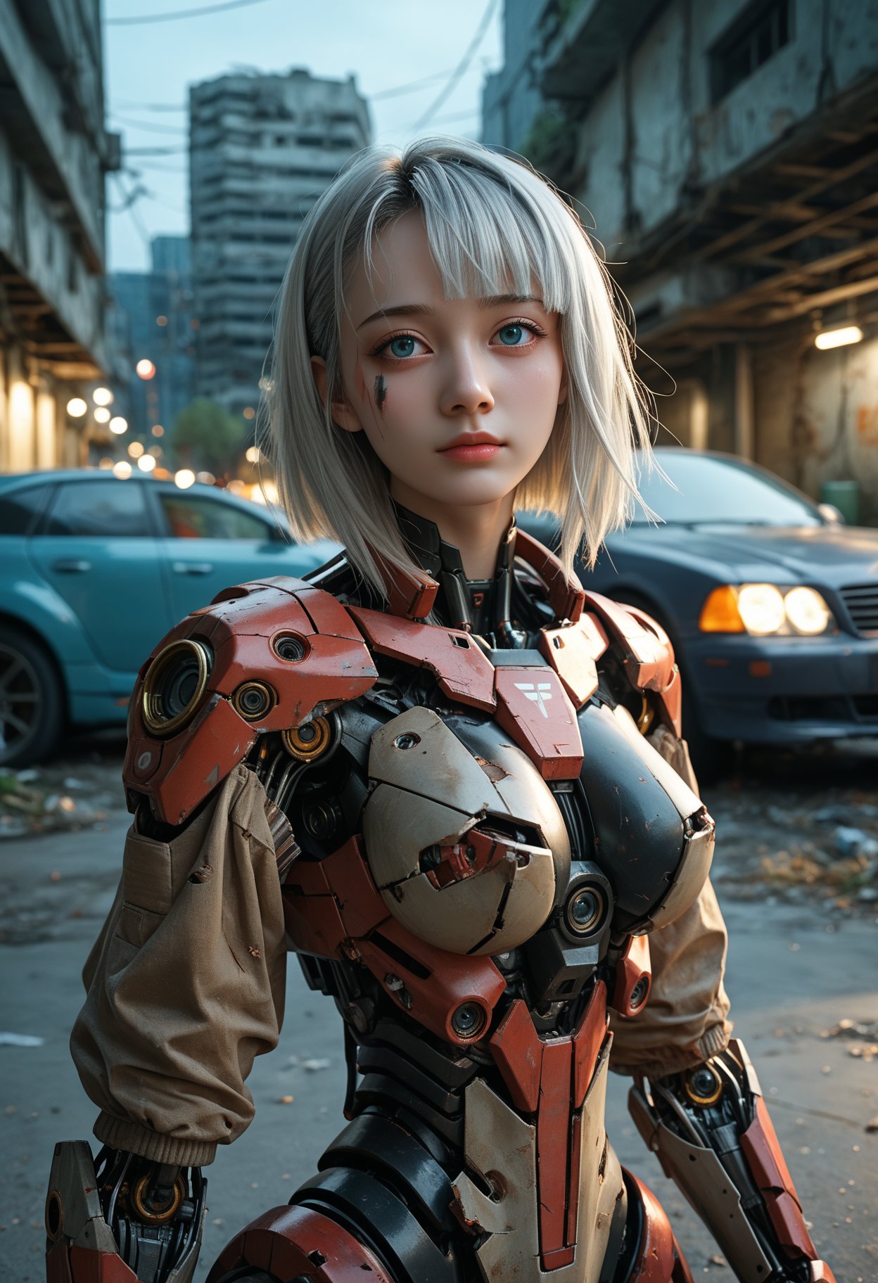 1girl,silver_medium_hair,asymmetrical_bangs,large breasts,cute_face,girl sitting on a chair in the park,perfect eyes,perfect face,skinny,close-up face,night,dim light,cyberpunk,background sci-fi style architecture,mechanical structure,mecha,girl standing in a run-down alley,the ground is full of rubbish,abandoned vehicles,abandoned mecha,damaged mecha,damaged car,mechanical arm,cool transparent sci-fi gel coat,, cinematic film still,score_9,score_8_up,score_7_up,dramatic lighting,(realistic:1.3),highly detailed,high budget,bokeh,cinemascope,moody,epic,gorgeous,film grain,grainy,masterpiece,best quality,perfect anatomy,very aesthetic,official art,8k,