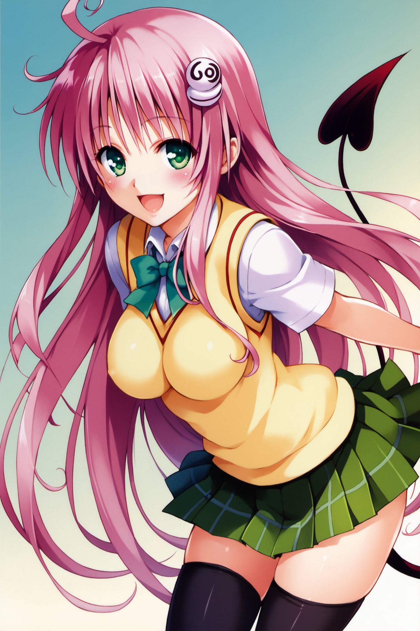 1girl,lala satalin deviluke,solo,long hair,pink hair,school uniform,green eyes,thighhighs,tail,smile,ahoge,skirt,open mouth,demon tail,sweater vest,zettai ryouiki,hair ornament,:d,breasts,black thighhighs,medium breasts,blush,very long hair,score_8_up,<lora:Yabuki Kentarou_XL_PONY:0.8>,