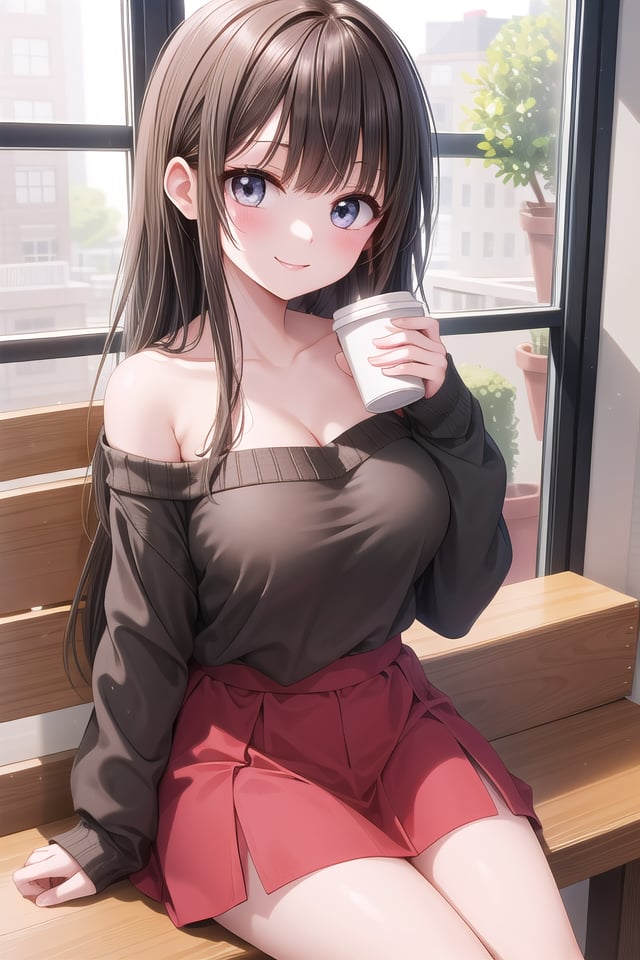 insanely detailed, absurdres, ultra-highres, ultra-detailed, best quality,1girl, solo, nice hands, perfect hands,BREAKwearing sweater, off shoulder sweater, one piece sweater, sweater with long sleeves, bare shoulder, collarbone, red skirtBREAKhappy smile, laugh, closed mouth,sitting, holding coffee cup,45 angle, cowboy shot, looking at viewerBREAKslender, kawaii, perfect symmetrical face, ultra cute girl, ultra cute face, ultra detailed eyes, ultra detailed hair, ultra cute, ultra beautiful,BREAKindoors, in coffee shopBREAKlarge breasts, black hair, long hair, black eyes