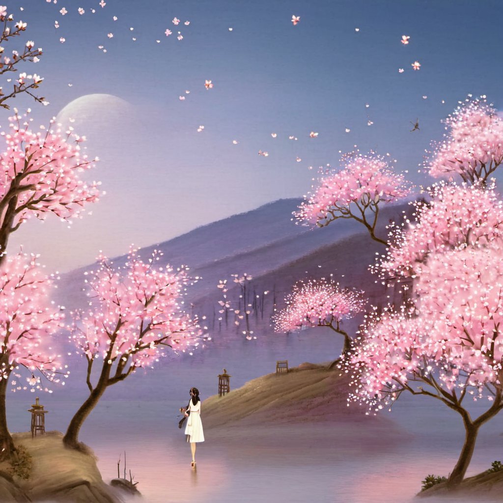 guofeng, 1girl,  scenery, tree, cherry blossoms, outdoors, pink theme, sky <lora:guofeng_v1.0xl:1>, masterpiece, best quality,