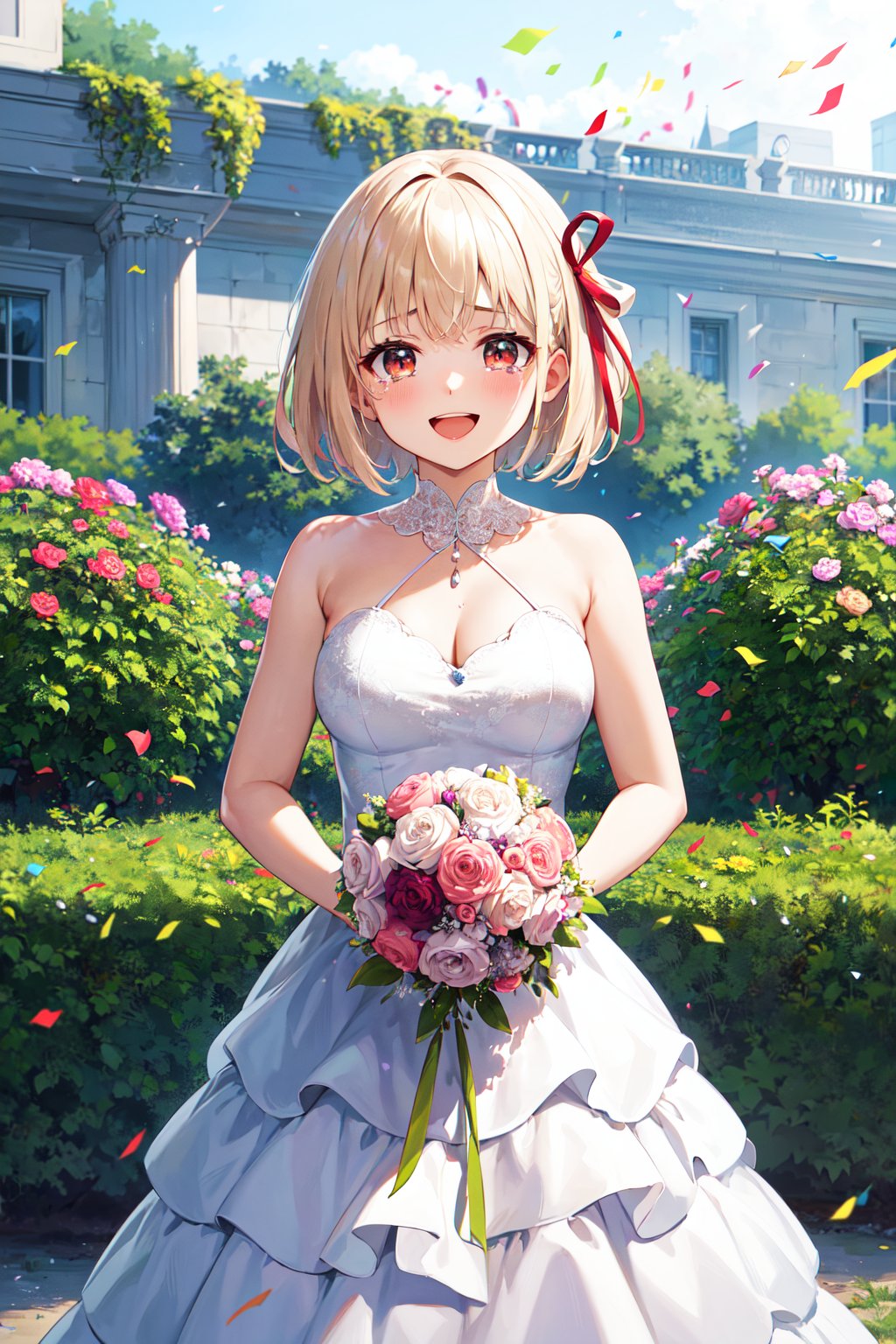 masterpiece, best quality, highres, aachisato, short hair, hair ribbon, <lora:nishikigi_chisato_v1:0.7>, smile, open mouth, wedding dress, holding bouquet, garden, confetti, tears