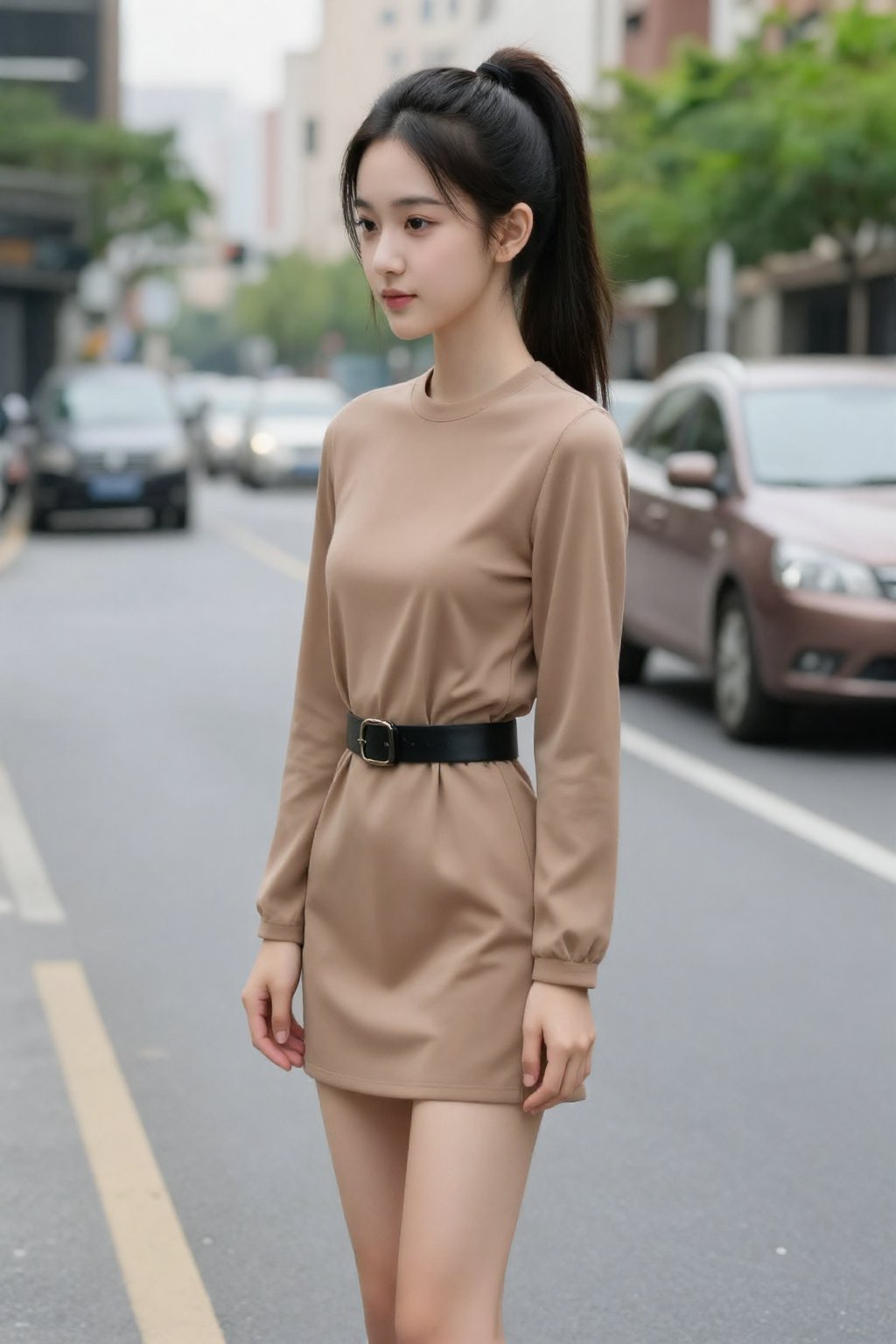 一张照片中,  一位年轻的亚裔女性站在城市街道上,  她肤色白皙 by 天TIN on Tensor.Art