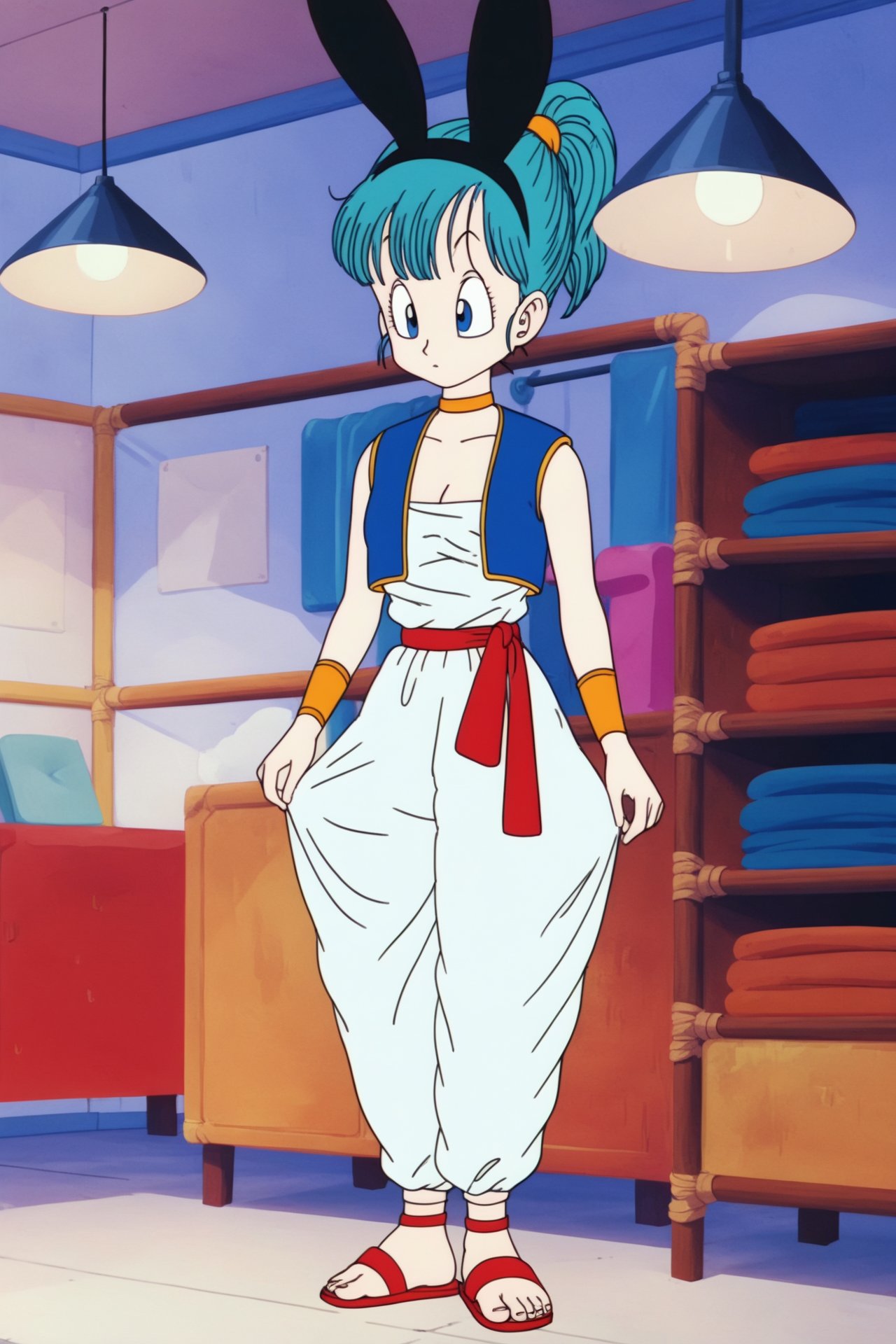 source_anime, score_9, score_8_up, score_7_up, anime screencap, bulma \(dragonball\), 1girl, inside, solo, breasts, blue eyes, animal ears, cleavage, aqua hair, standing, full body, ponytail, choker, indoors chair, sandals, lamp, yellow wristband, yellow choker, white pants, white topwear, tube top, toenails, scrunchie, looking at feet, clothes grab, small_breasts, red footwear, red belt, raised eyebrows, vest over shirt, eyelashes, eyebrows, blue vest, baggy pants, arm at side, collarbone, expressionless <lora:bulma_pony_v1:0.8>