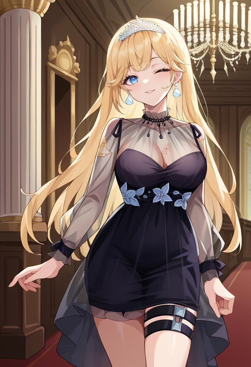 score_9, score_6_up, source_anime, indoors, chandelier, 1girl, solo, amelia_formal, long hair, black dress, see-through, cleavage, mole on breast, tiara, earrings, thigh strap, wink <lora:watson_amelia_sdxl_pony-000009:1>