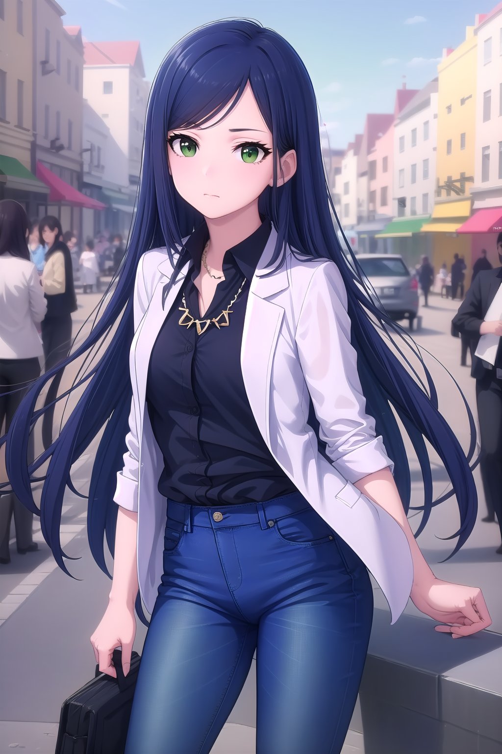 (masterpiece, best quality), highly detailed background, perfect lightingbest quality, juneyIMAS, solo, outdoors, city, dark blue hair, swept bangs, parted bangs, long hair, green eyes, medium breasts, necklace, jewelry, white jacket, open jacket, black shirt, collared shirt, sleeves rolled up, blue pants, jeans, closed mouth, <lora:Juney-IM@S-05:0.7>