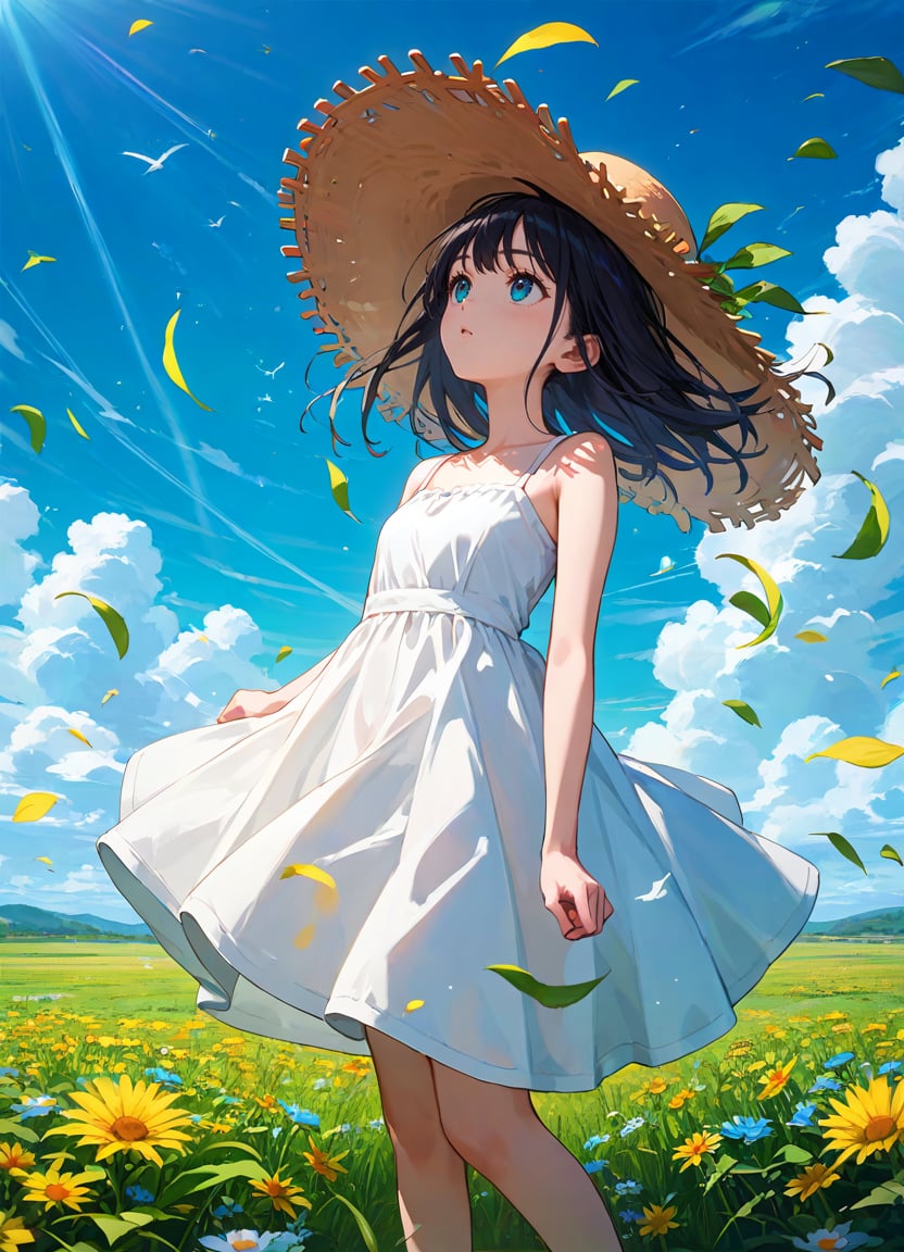 score_9, score_8_up, score_7_up ,source_anime, masterpiece, best quality, perfect anatomy , very aesthetic , official art, BRAKE1girl ,Girl looking up at sky , contrail , cumulonimbus cloud,  blue sky , prairie , blowing wind , straw hat , white sundress