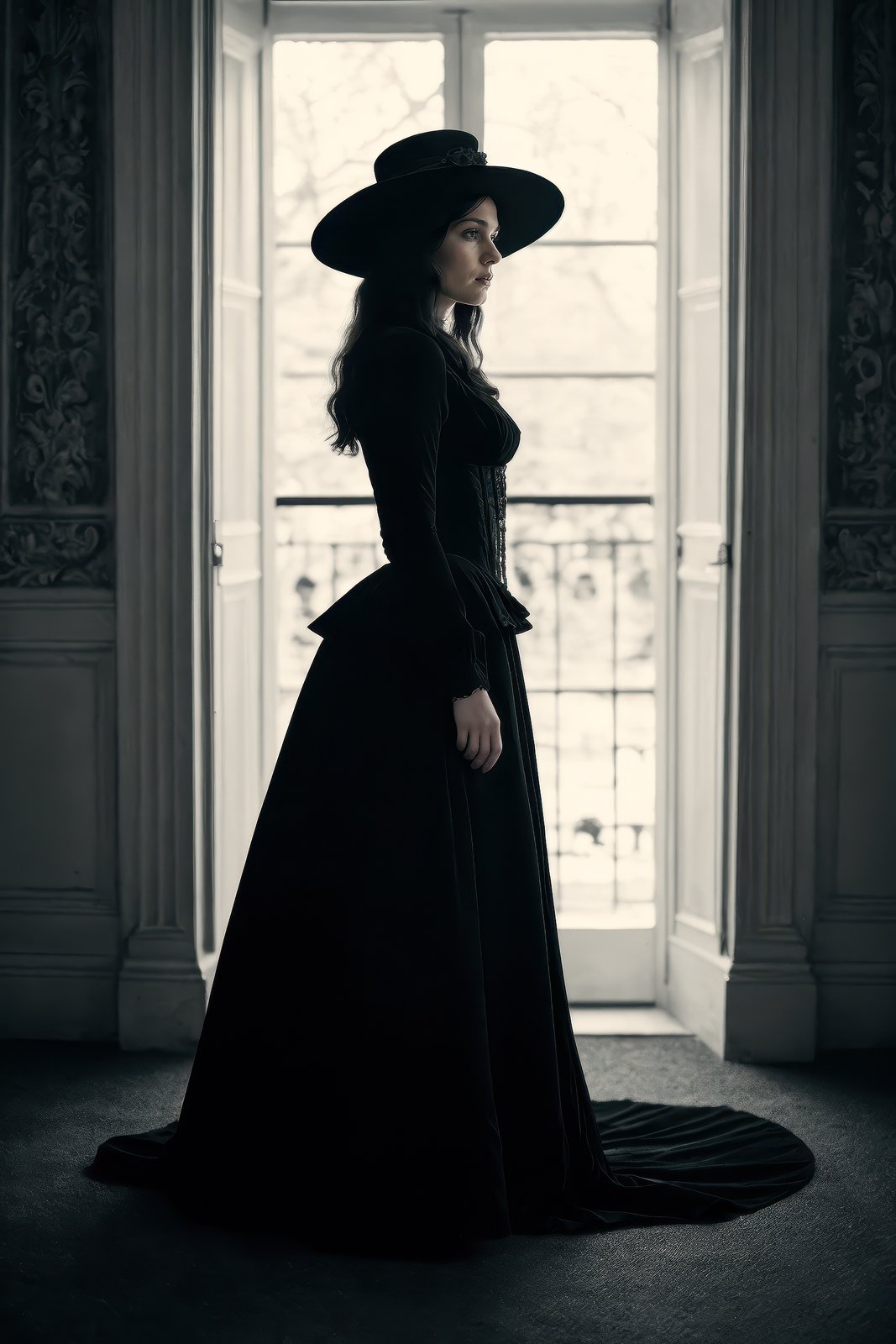 a Victorian-era gothic woman standing elegantly, (wearing a wide-brimmed black hat:1.2), long flowing Victorian dress with intricate lace details and a (tight corset:1.1), pale skin, piercing green eyes, all-black clothing, dark and mysterious atmosphere, her expression calm yet haunting, standing in front of a dimly lit Victorian mansion, high contrast between her pale skin and dark attire, 8k resolution, cinematic lighting, medium shot, detailed face and fabric, side view, gothic elegance, eerie mood, midjourney niji 6