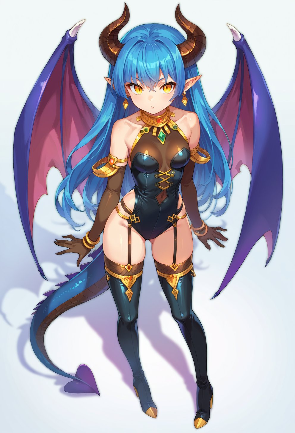 score_9, score_8_up, score_7_up, score_6_up, score_5_up, score_4_up, source anime, dragon girl, 1girl, tail, long hair, pointy ears, wings, horns, blue hair, yellow eyes, looking at viewer, boots, solo, shiny clothes, from above, high heel boots, earrings, gloves, jewelry, full body, thighhighs, thigh boots, bangs