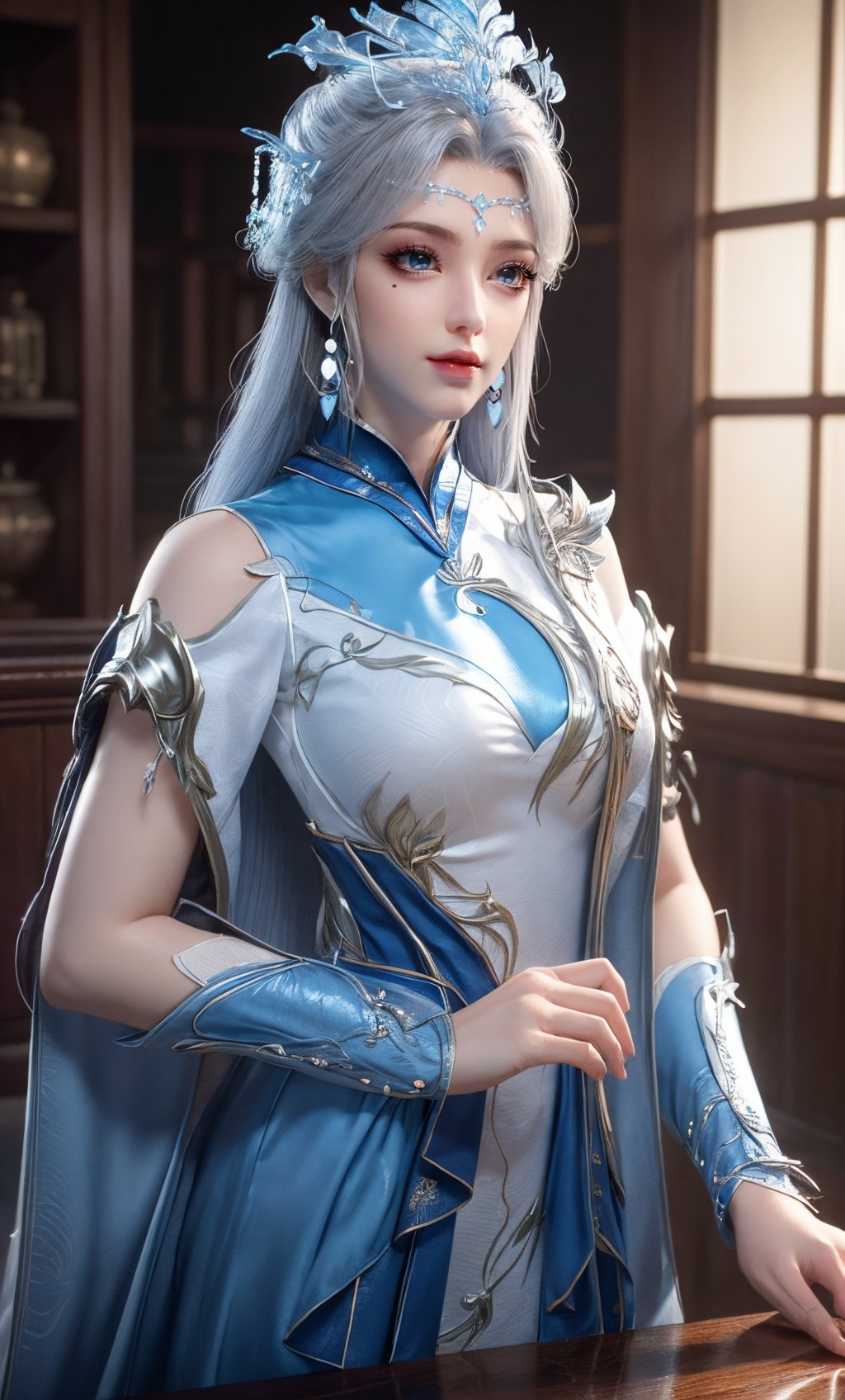 ,masterpiece,(best quality),official art,extremely detailed cg 8k wallpaper,(extremely delicate and beautiful),solo,realistic,photo_\(medium\),chinese clothes,blue dress,1girl,solo,blue eyes,earrings,mole,white hair,armor,crown,mole under eye,<lora:yudie_v3.1:0.6>,