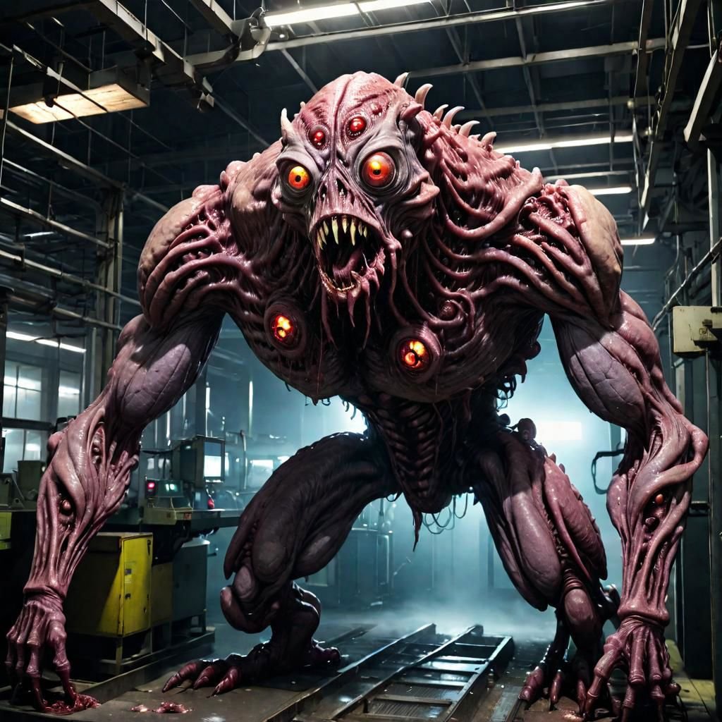 a fleshmutant creature in a factory at night,  glowing eyes,  raw photo by AcidAi0 on Tensor.Art