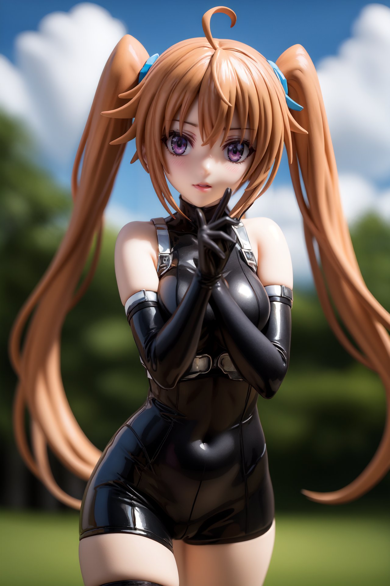 pvc style,irinashidou,,irina shidou, long hair, brown hair, twintails, (purple eyes:1.1), very long hair, ahoge,BREAK thighhighs, gloves, bare shoulders, black gloves, elbow gloves, bodysuit, covered navel,BREAK outdoors, forest, night, sky, clouds, moon, starry sky,BREAK looking at viewer, (cowboy shot:1.5),BREAK  (masterpiece:1.2), best quality, high resolution, unity 8k wallpaper, (illustration:0.8), (beautiful detailed eyes:1.6), extremely detailed face, perfect lighting, extremely detailed CG, (perfect hands, perfect anatomy),figma,full body,  <lora:irina shidou anime s2-lora-nochekaiser:1>